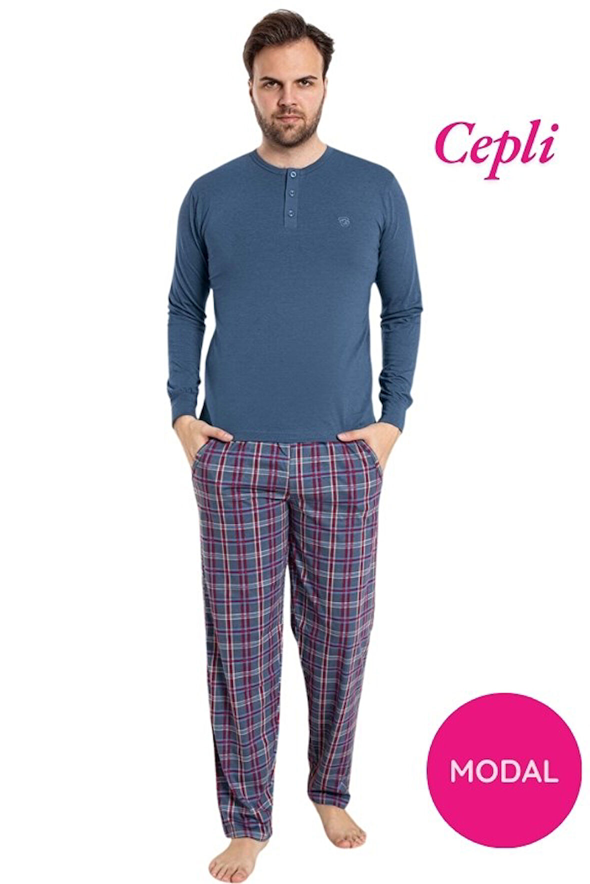 Erkek 3 Düğmeli Ekose Desen Pamuk Likra Mevsimlik Modal Uzun Kol Manşetli Cepli Pijama Takımı