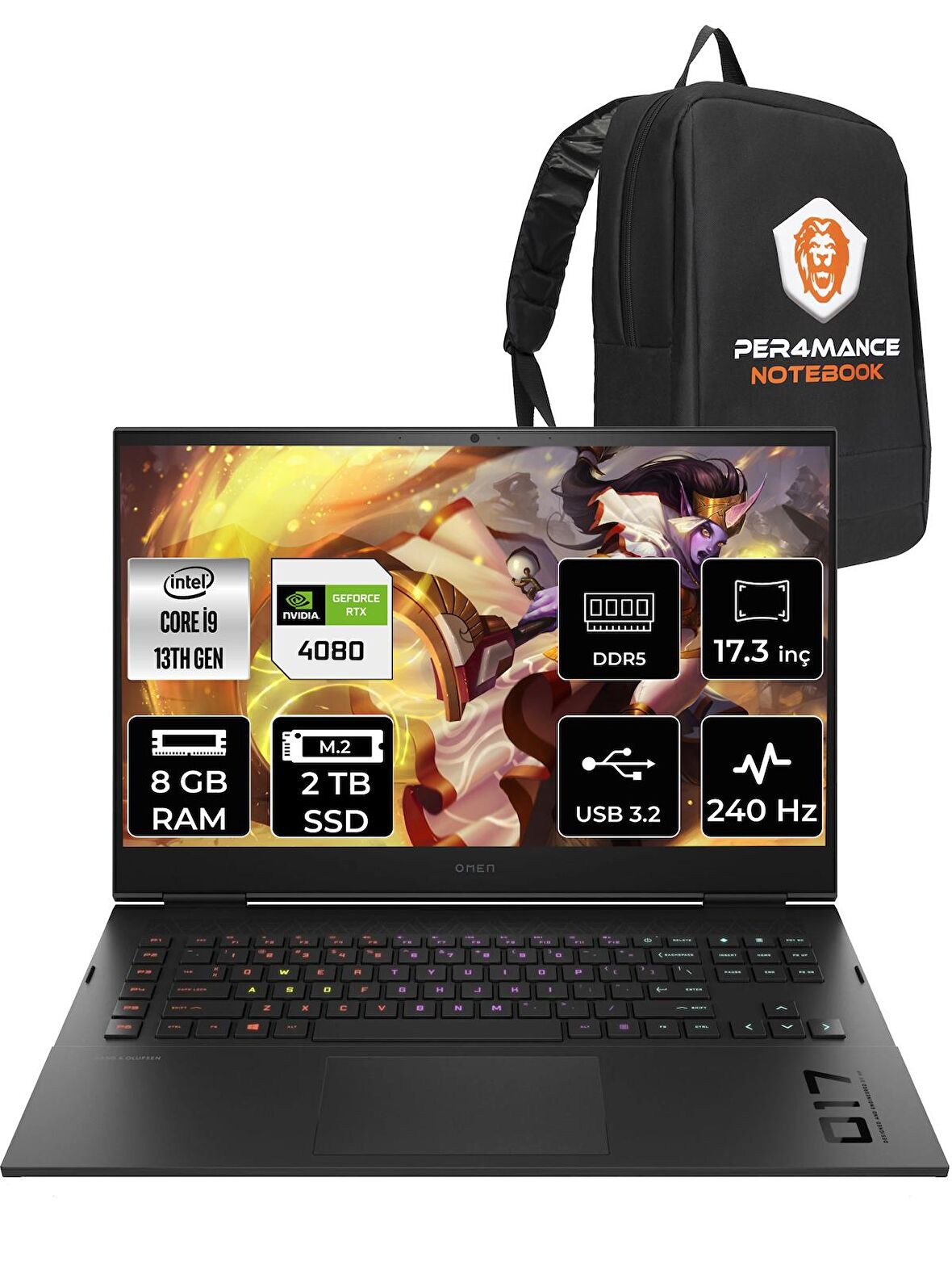 HP OMEN 17 i9 13900HX 8GB 2TB SSD RTX4080/12GB 240HZ 17.3'' FHD FDOS 892R0EA & PER4 ÇANTA