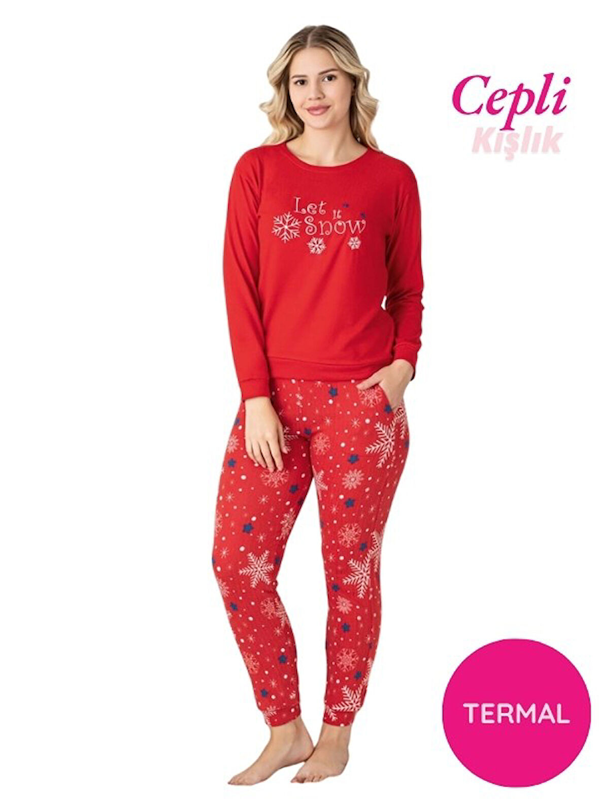 Kadın Bisiklet Yaka Düğmesiz Kışlık Termal Bilek Manşetli Jogger Uzun Kol Cepli Pijama Takımı