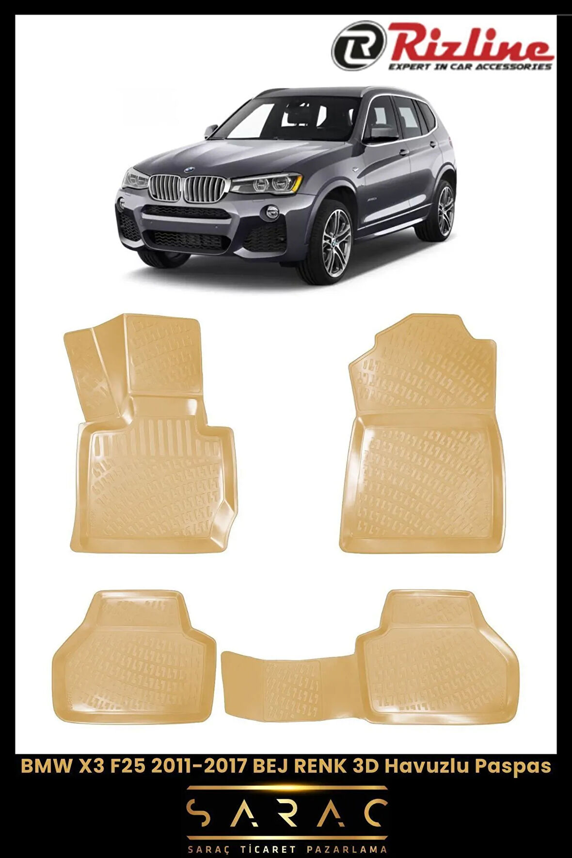 Rizline BMW X3 F25 2014 Model BEJ 3D Havuzlu Paspas