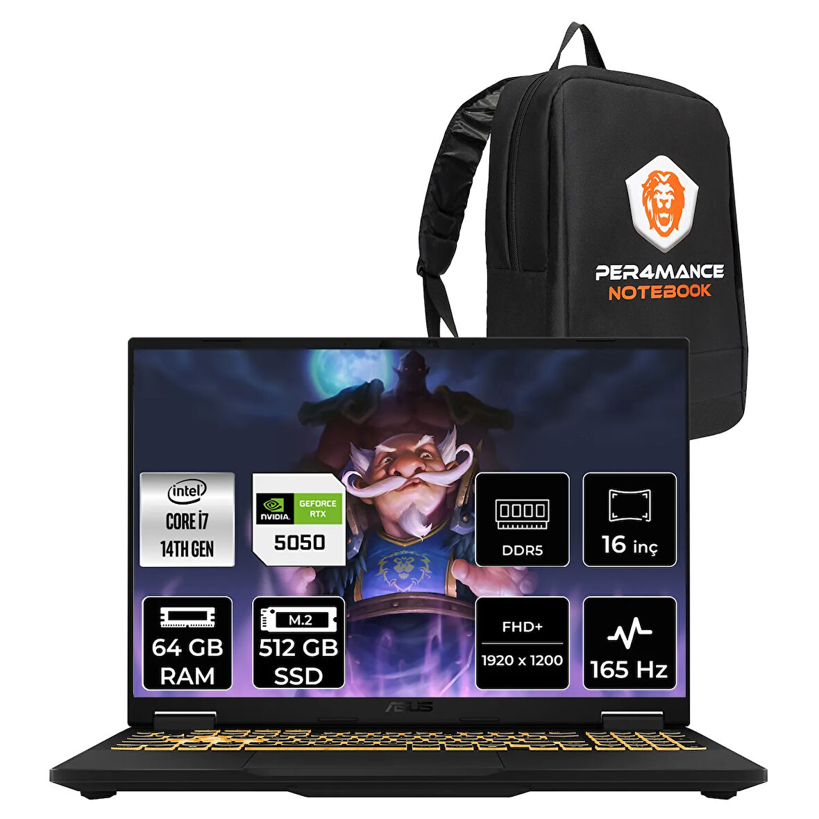 Asus TUF F16 i5 13450HX 64GB 512GB SSD RTX5050/8GB 115W 165Hz 16'' WUXGA FDOS Gaming Laptop FX608JH