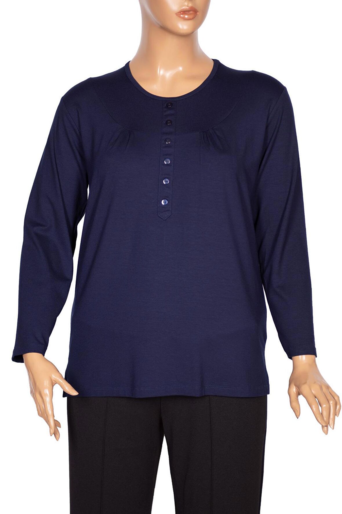 Cimariva Kadın Arsu Büyük Beden Robalı Süs Düğmeli Lacivert Bluz