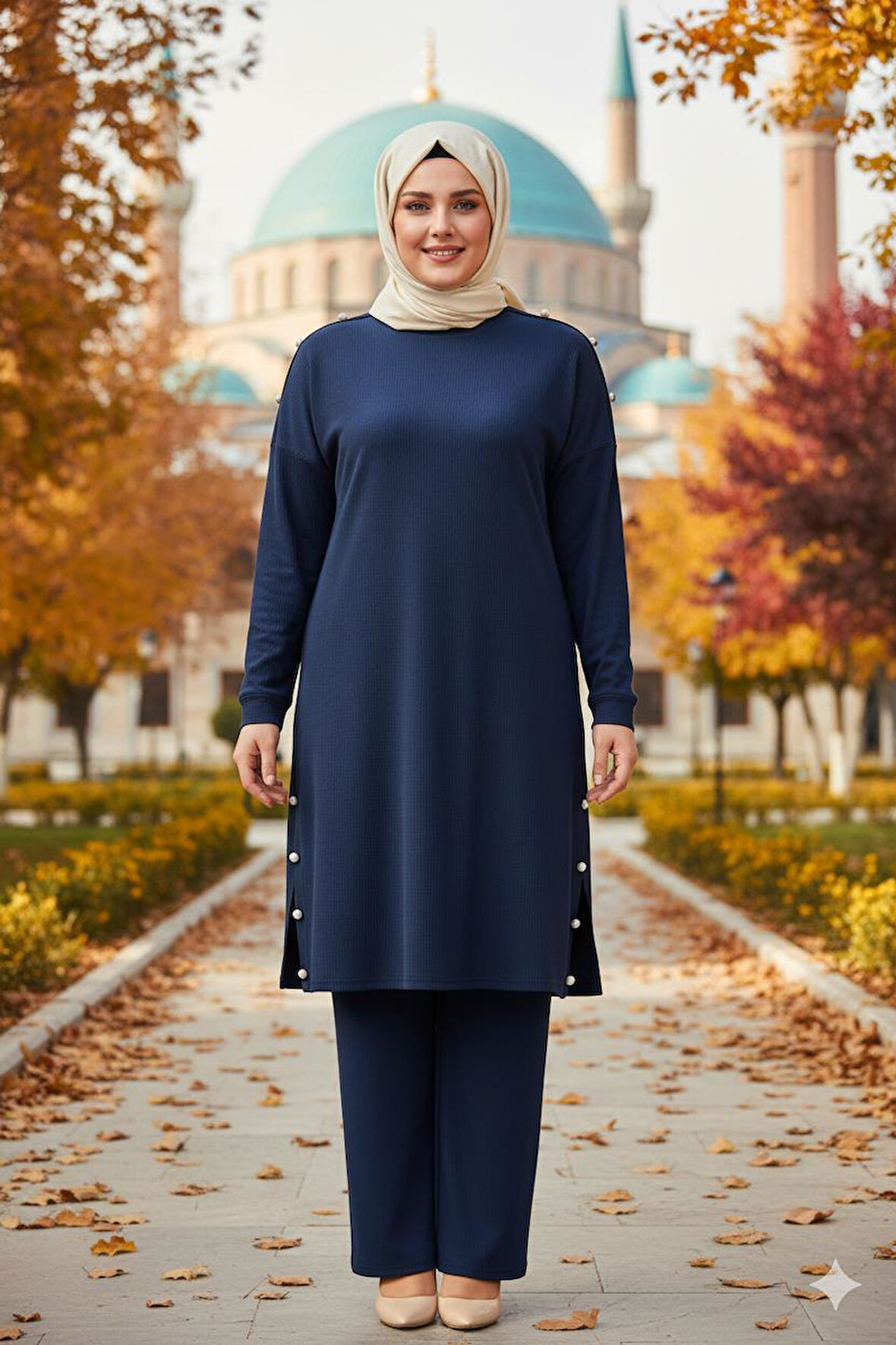 Hesna Kadın Benan Fitili Düğmeli Spor İndigo Tunik Pantolon Takım