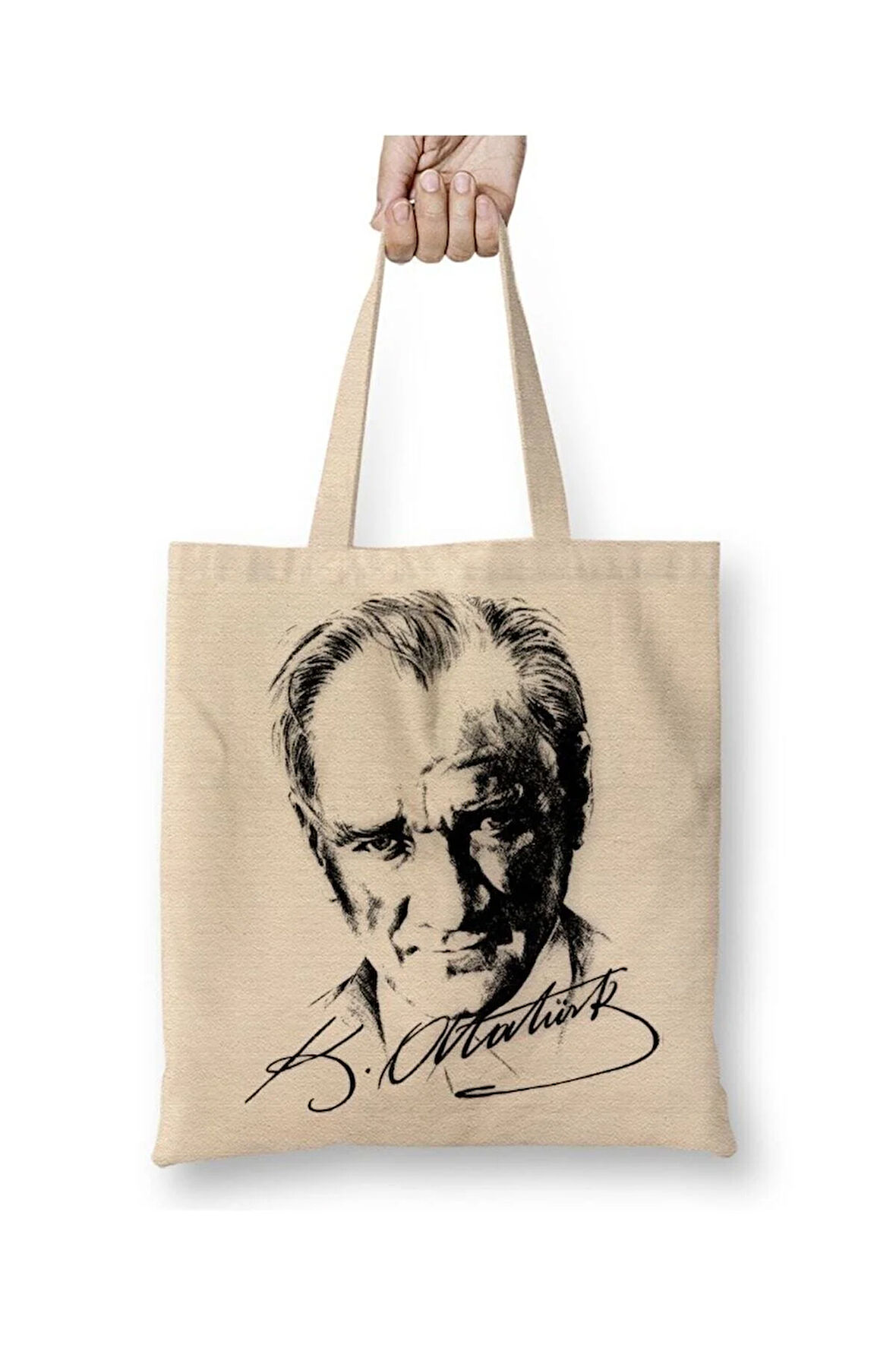 Atatürk İmzalı Beyaz Bez Çanta Uzun Saplı Alışveriş Çantası Plaj Çantası