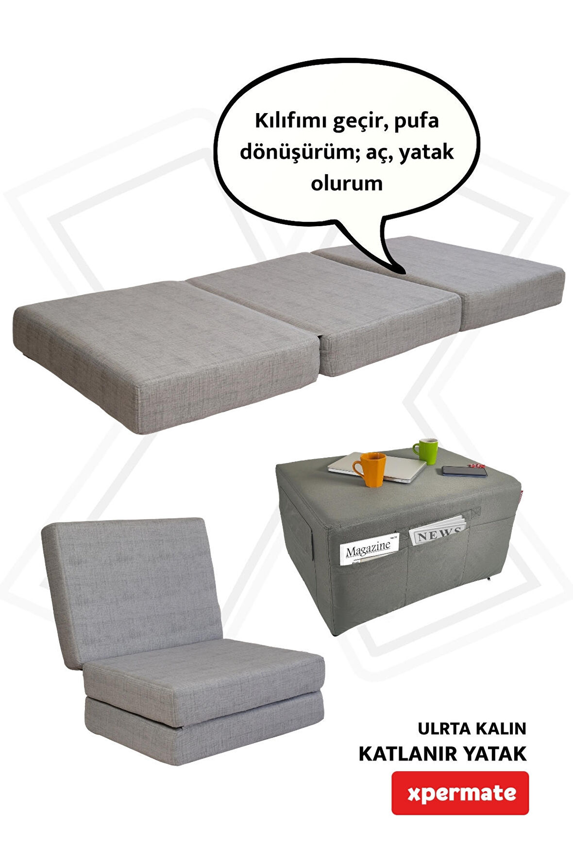 Ultra Kalın Katlanır Sünger Yatak Yer Yatağı Katlanır Yer Minderi Misafir Yatağı 80x180x14  Gri
