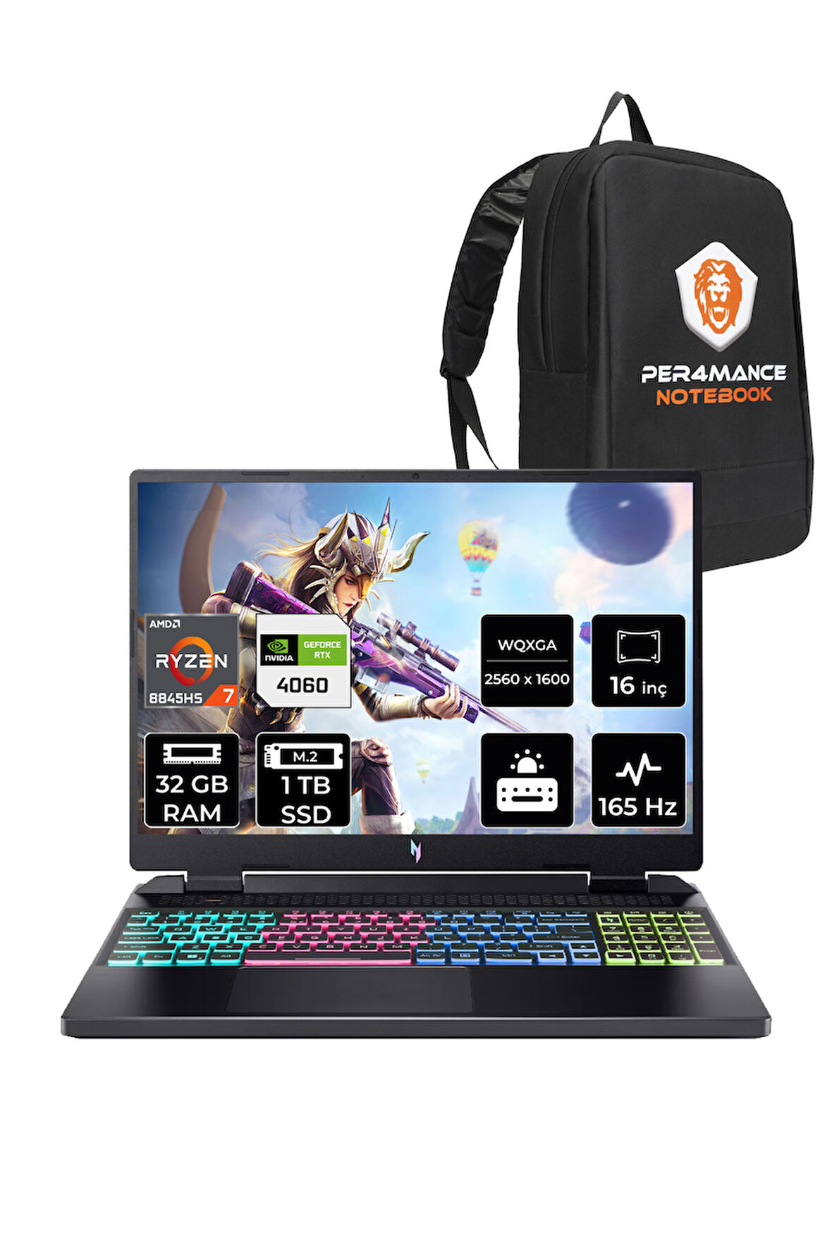 Acer Nitro 16 R7 8845HS 32GB 1TB SSD RTX4060/8GB 165Hz WQXGA 16" FDOS Gaming Laptop & PER4 ÇANTA