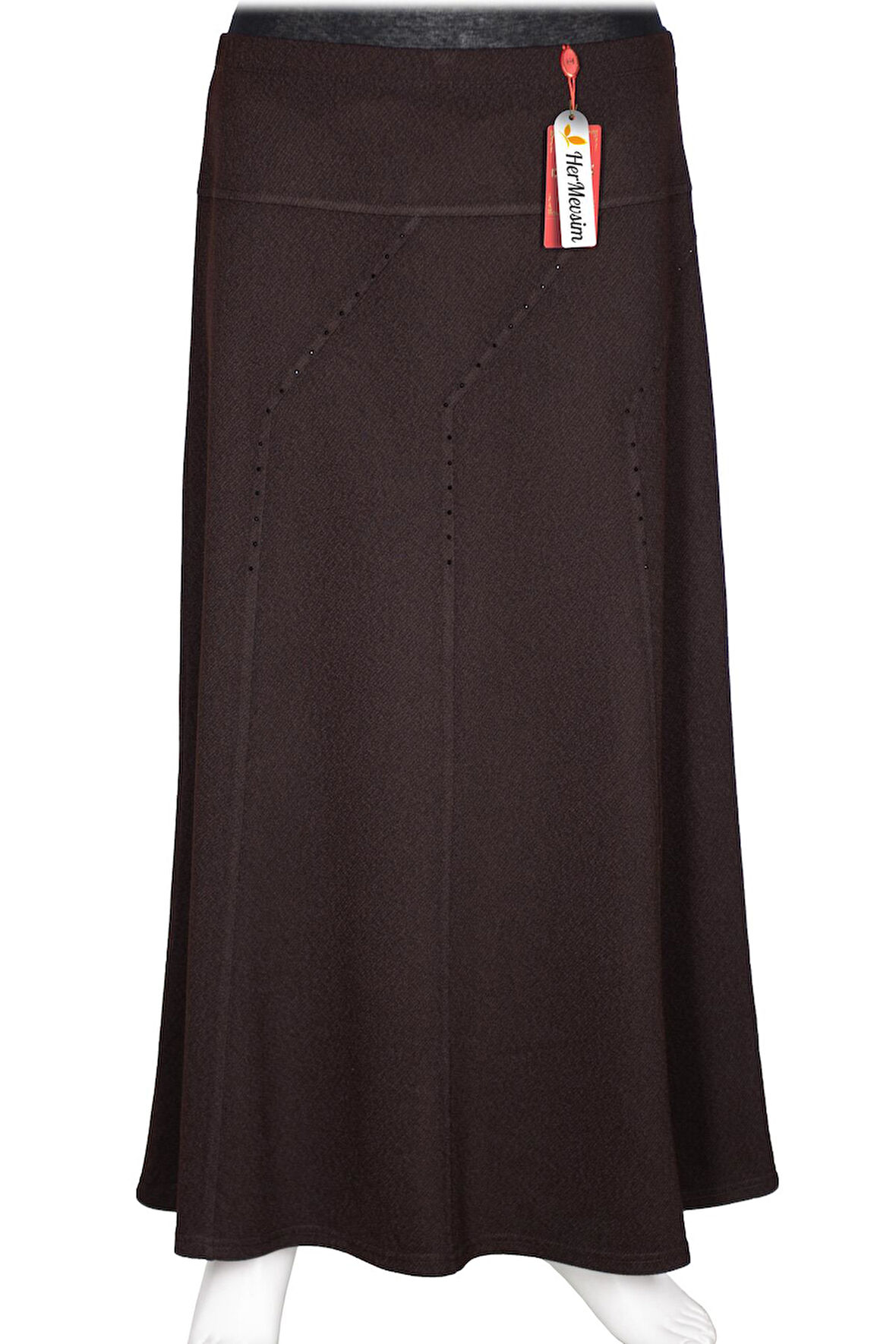 Hesna Kadın Seher Kışlık Büyük Beden Taşlı Astarsız Latikli Kahve Etek