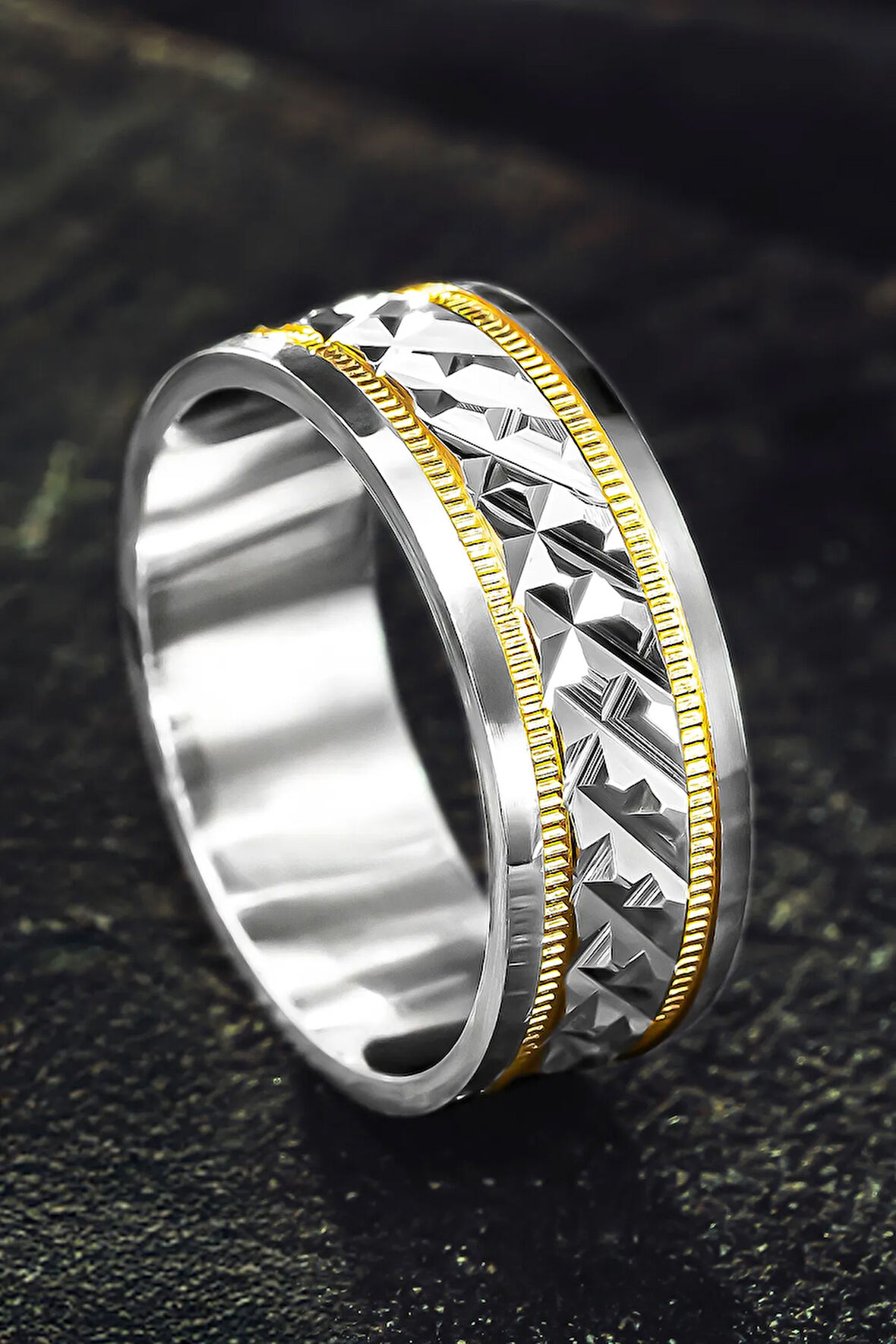Erkek Gümüş Alyans - Ortası Zikzak Model Yanı Altın Kaplama Şerit Erkek Yüzük