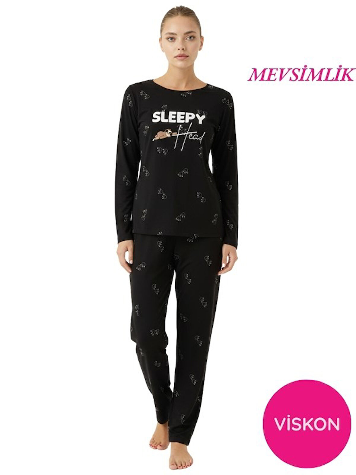 Kadın Desenli Bisiklet Yaka Düğmesiz Mevsimlik Likra Viskon Uzun Kol Pijama Takımı