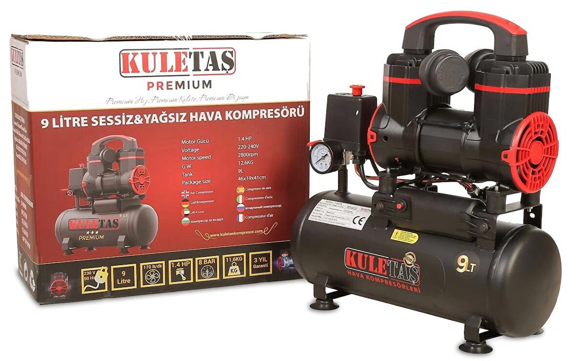 Kuletaş Premium 9 Litre Sessiz Yağsız Hava Kompresörü 1,2 Hp (İtalyan Tasarım)