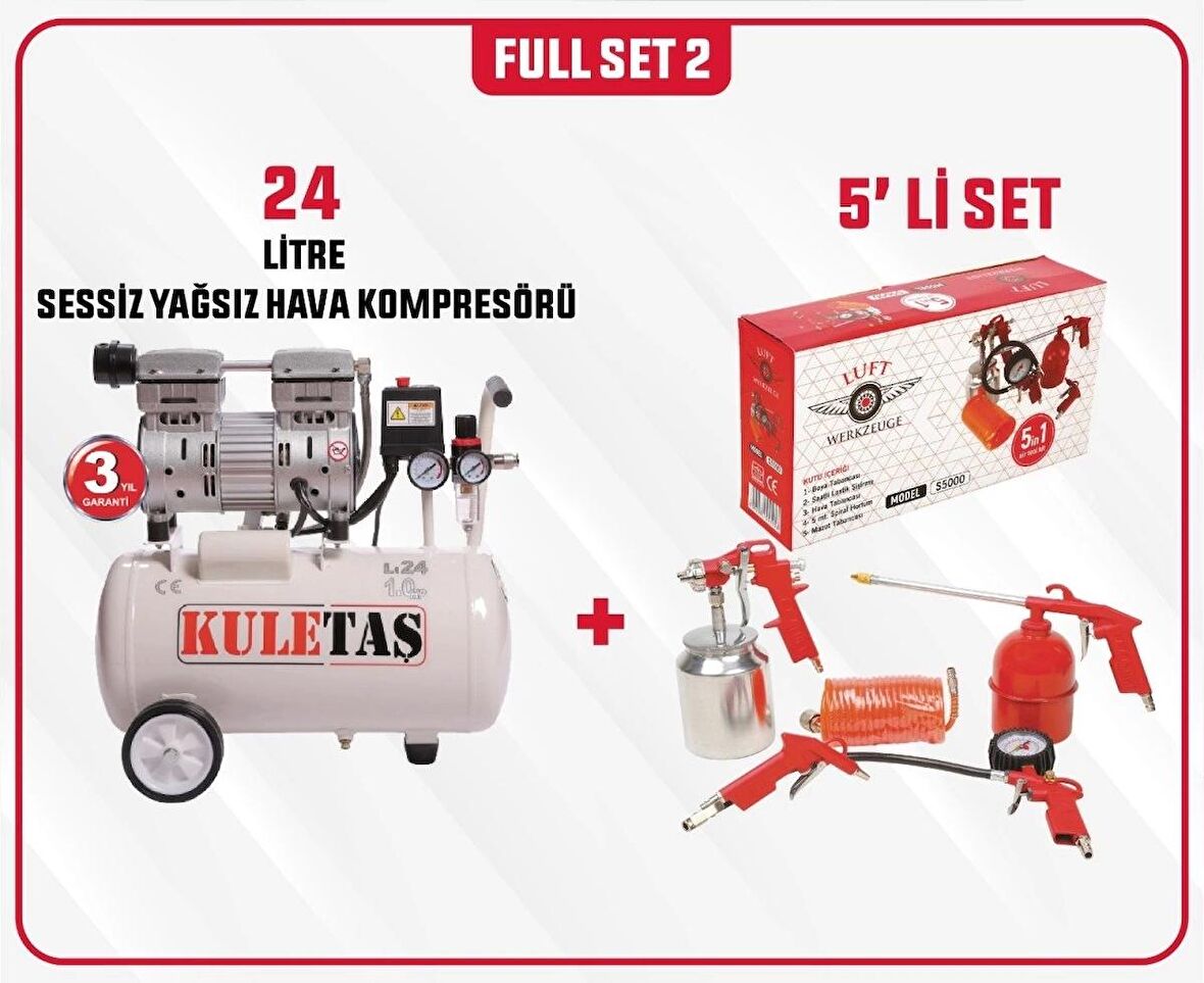 Full SET 2 Kuletaş Süper Sessiz Yağsız Hava Kompresörü 24 Litre 1 HP 3 Yıl GARANTİ