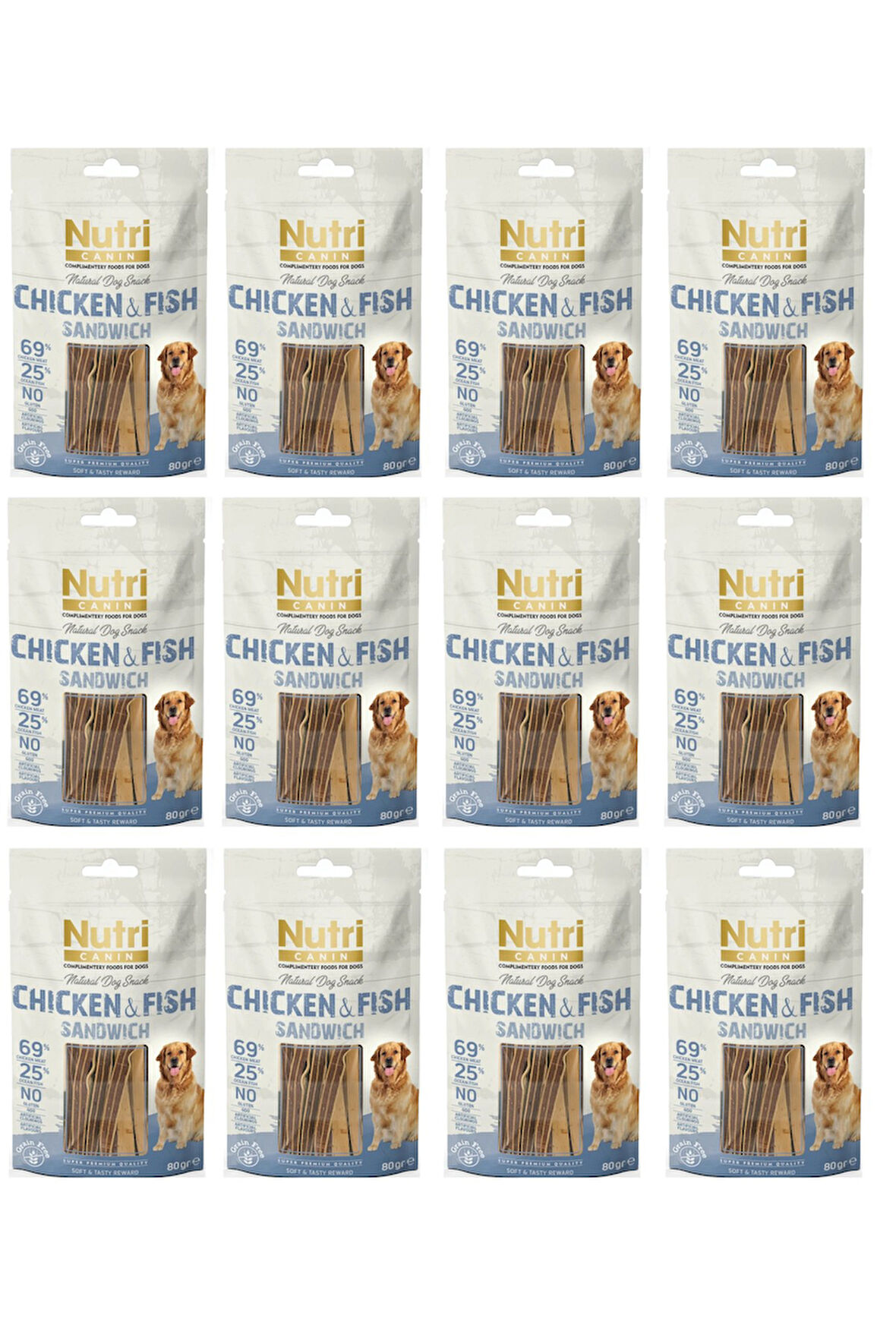 Nutri Canin Sandwich Tavuk ve Balıklı Fileto Tahılsız Köpek Ödülü 80 Gr. X 12 Adet