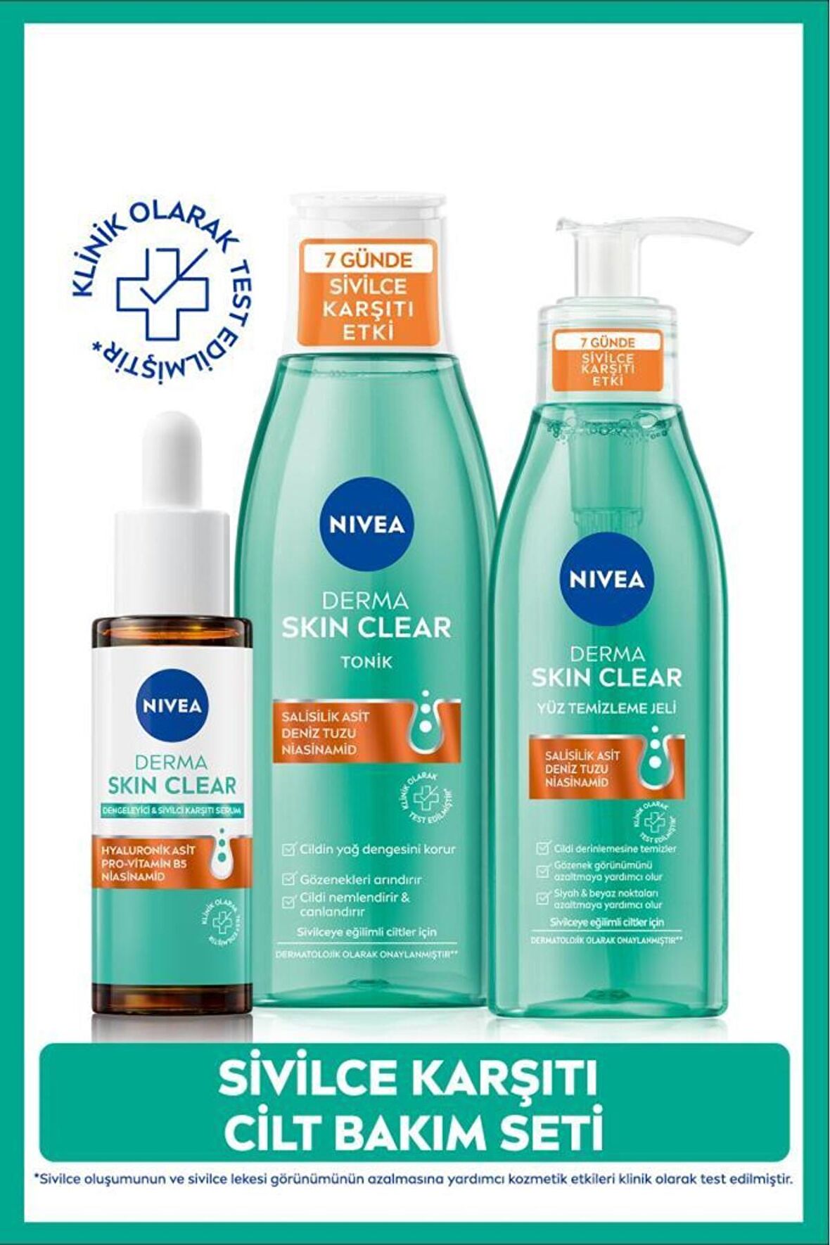 Nivea Derma Skin Clear Sivilce Karşıtı Cilt Bakım Seti, Serum 30ml, Yüz Temizleme Jeli 150ml, Tonik 200ml