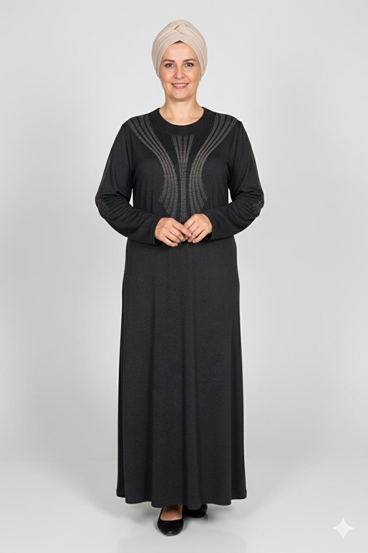 Hesna Kadın Elvan Kışlık Büyük Beden Boydan Baskılı Siyah Elbise