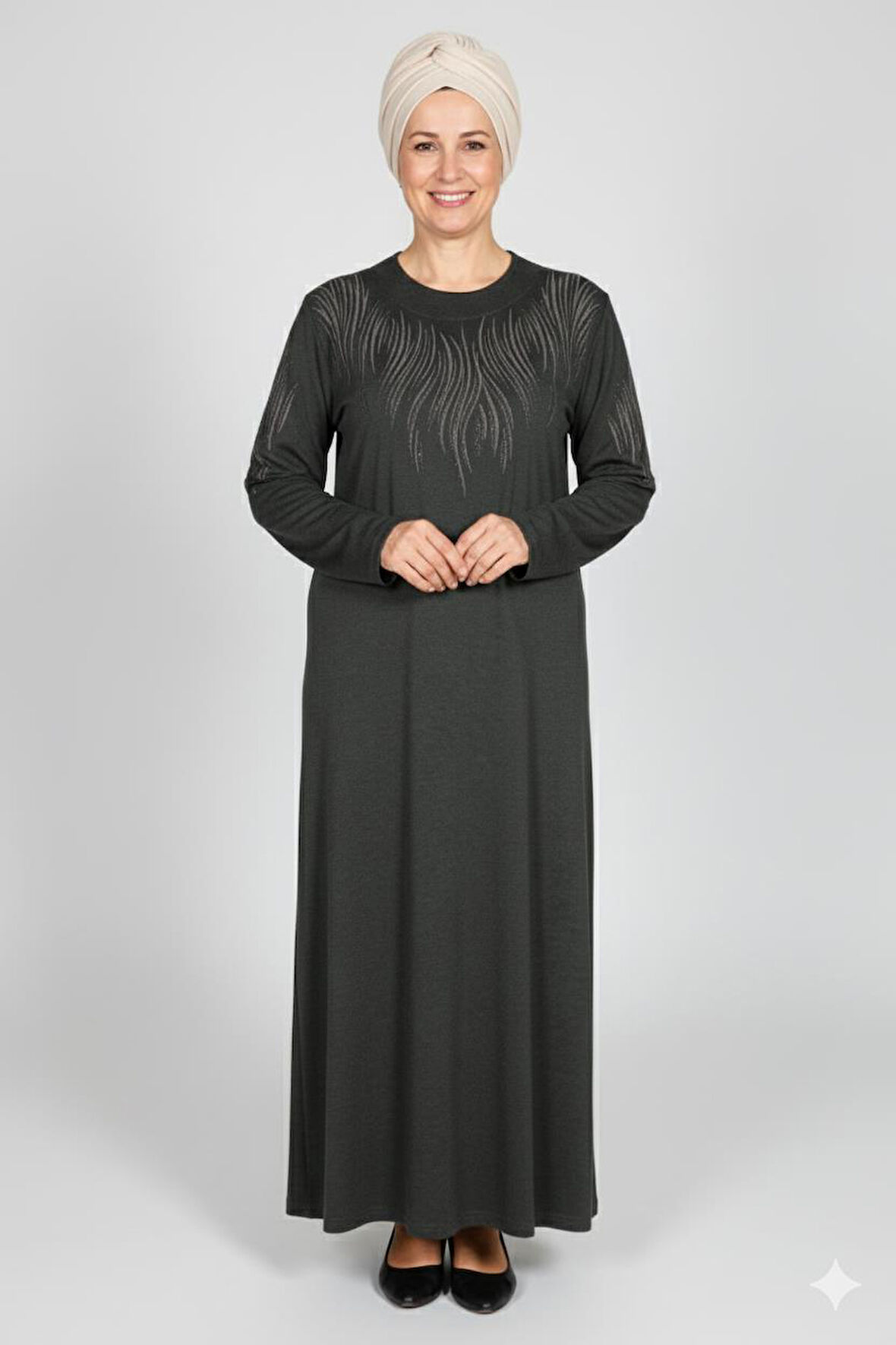 Hesna Kadın Elvan Kışlık Büyük Beden Boydan Baskılı Haki Elbise