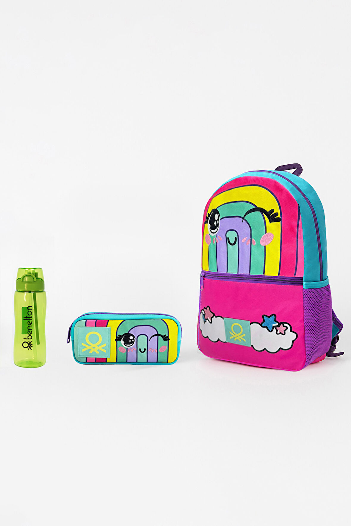 Gökkuşağı Desenli Üçlü İlkokul Çantası Seti(İlkokul Sırt Çantası, Çift Gözlü Kalem Kutusu, Matara Kırmızı)