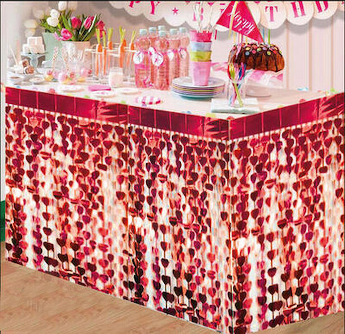 Püsküllü Işıltılı Metalize Kırmızı Kalpli Masa Eteği 75x360 cm (3984)