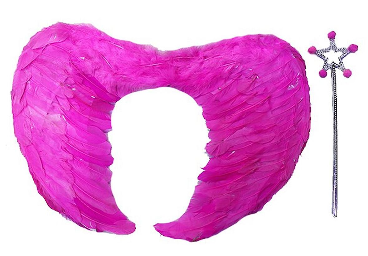 Gerçek Tüylü Katlanabilir Çocuk Pembe Melek Kanadı ve Asa Seti 40x55 cm (3984)