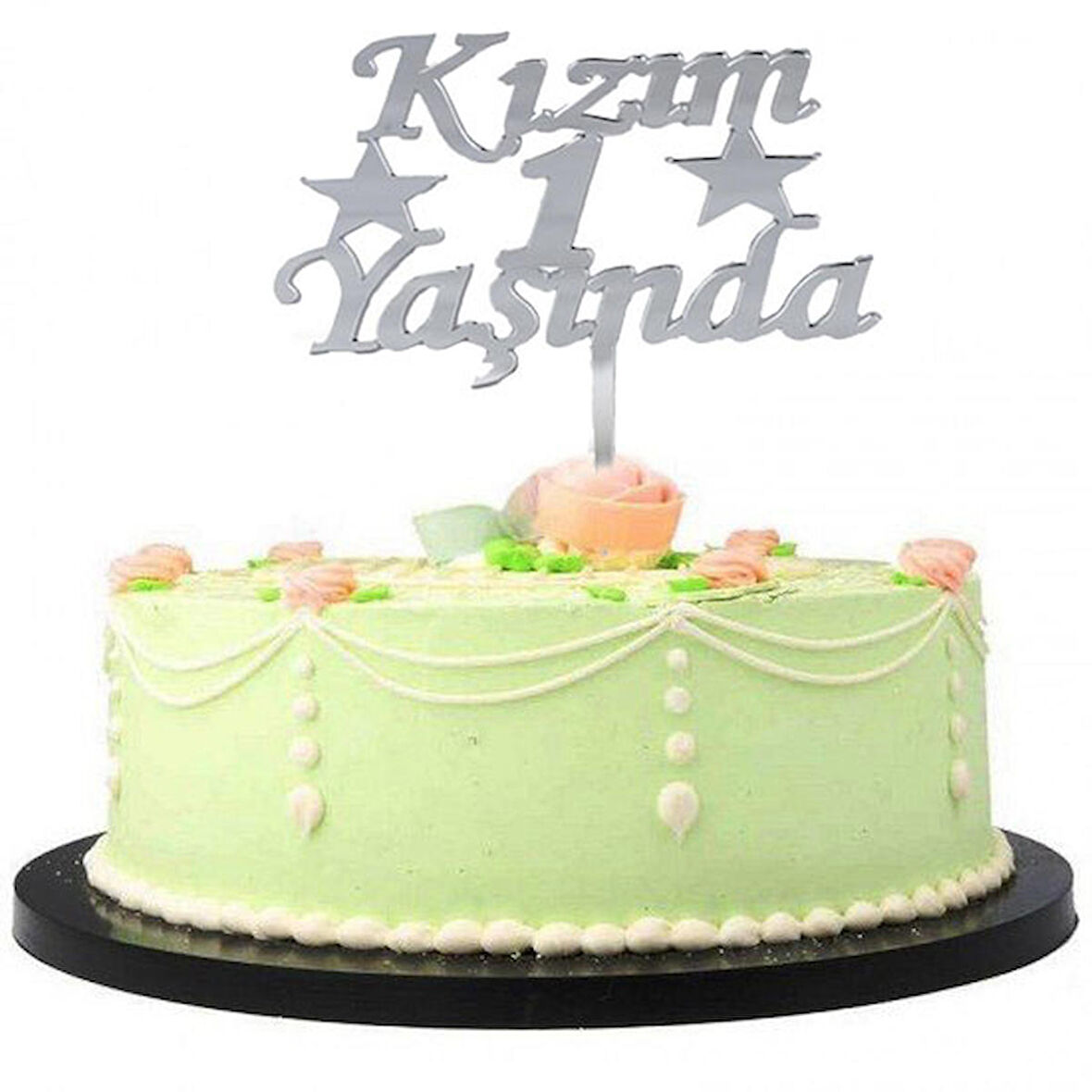Kızım 1 Yaşında İlk Yaş Doğum Günü Partisi Pleksi Pasta Süsü Gümüş Renk (3984)