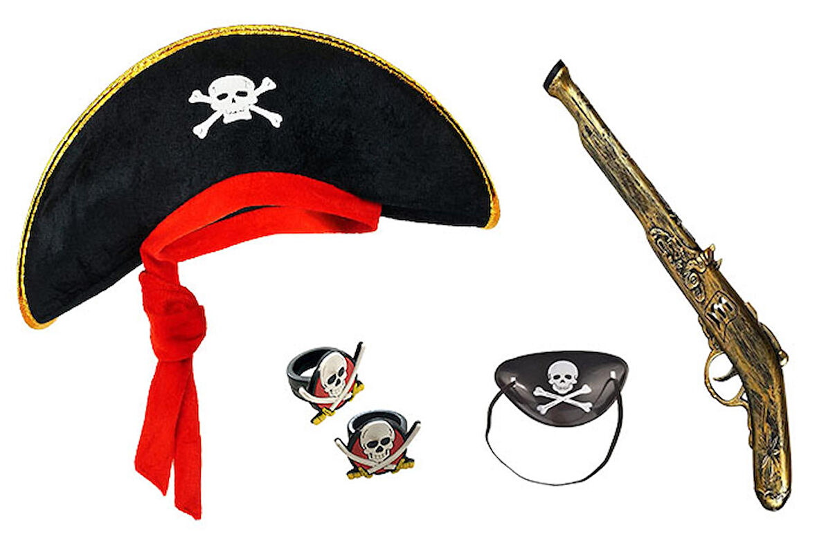 Korsan Şapkası + Tabanca + Maske + 2 Adet Yüzük Kostüm Seti Çocuk (3984)