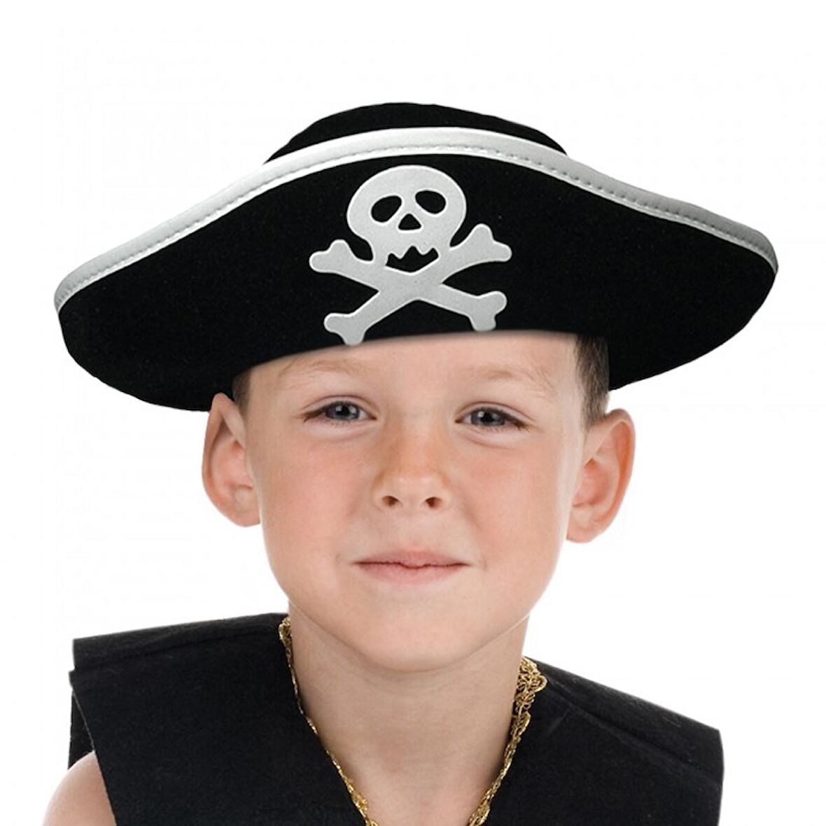 Gümüş Şeritli Çocuk Boy Yayvan Korsan Şapkası (3984)