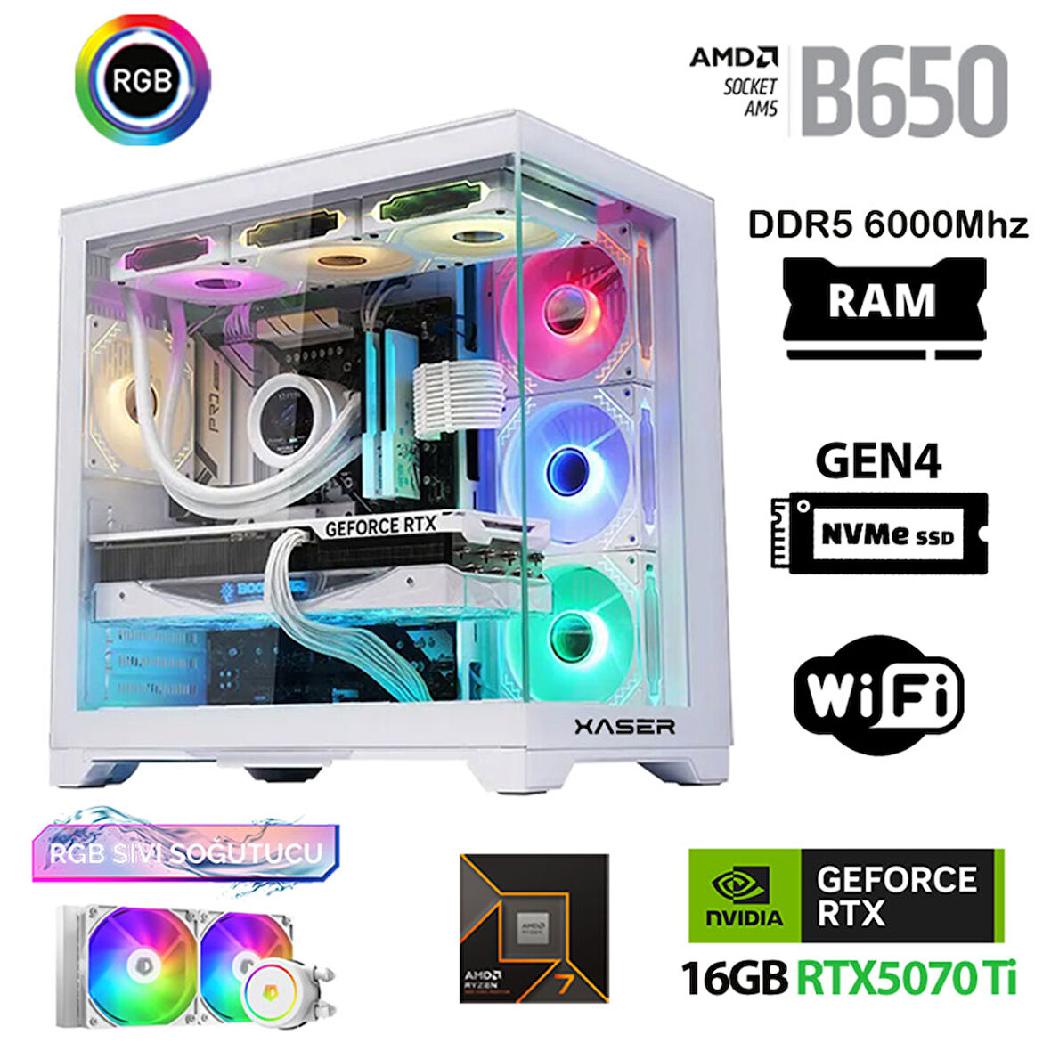 Xaser Velox x100 Ryzen 7 7800X3D 32GB DDR5 Ram 1TB M.2 NVMe SSD 16GB RTX5070Ti Masaüstü Oyuncu Bilgisayarı