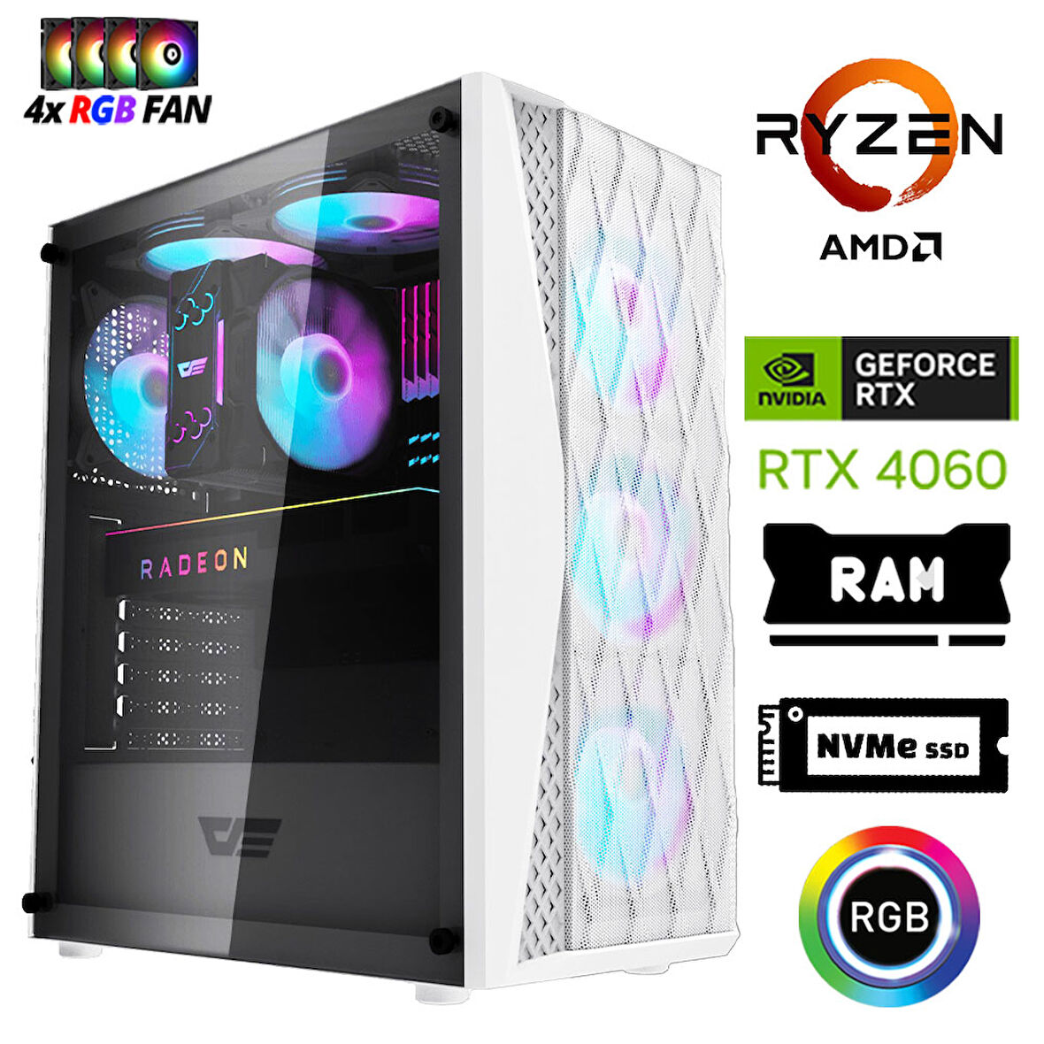 Xaser Xsr1203 Ryzen 7 5700x 32GB Ram 1TB M.2 NVMe SSD 8GB RTX4060 Masaüstü Oyuncu Bilgisayarı