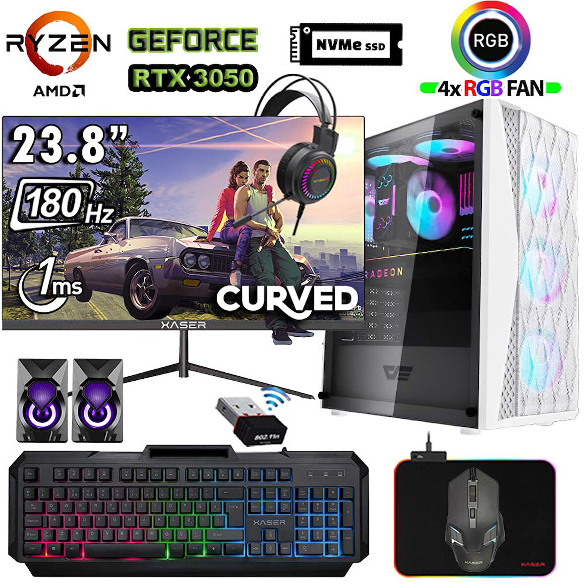 Xaser Xsr1198 Ryzen 5 5500 32GB Ram 1TB M.2 NVMe SSD 6GB RTX3050 23.8" 180Hz Curved Masaüstü Oyuncu Bilgisayarı