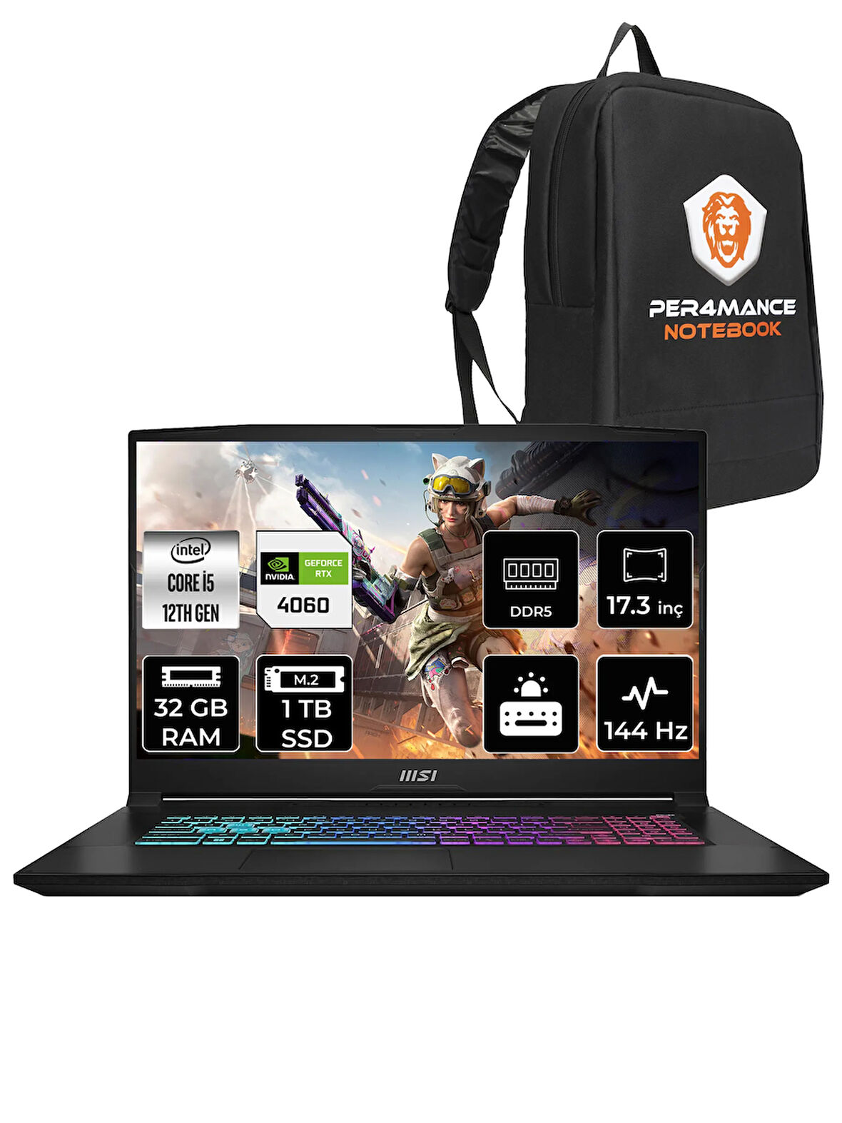 MSI Katana 17 B12VFK31 i5 12450H 32GB 1TB SSD RTX4060/8GB 105W 17.3" FHD 144Hz FDOS  & PER4 ÇANTA