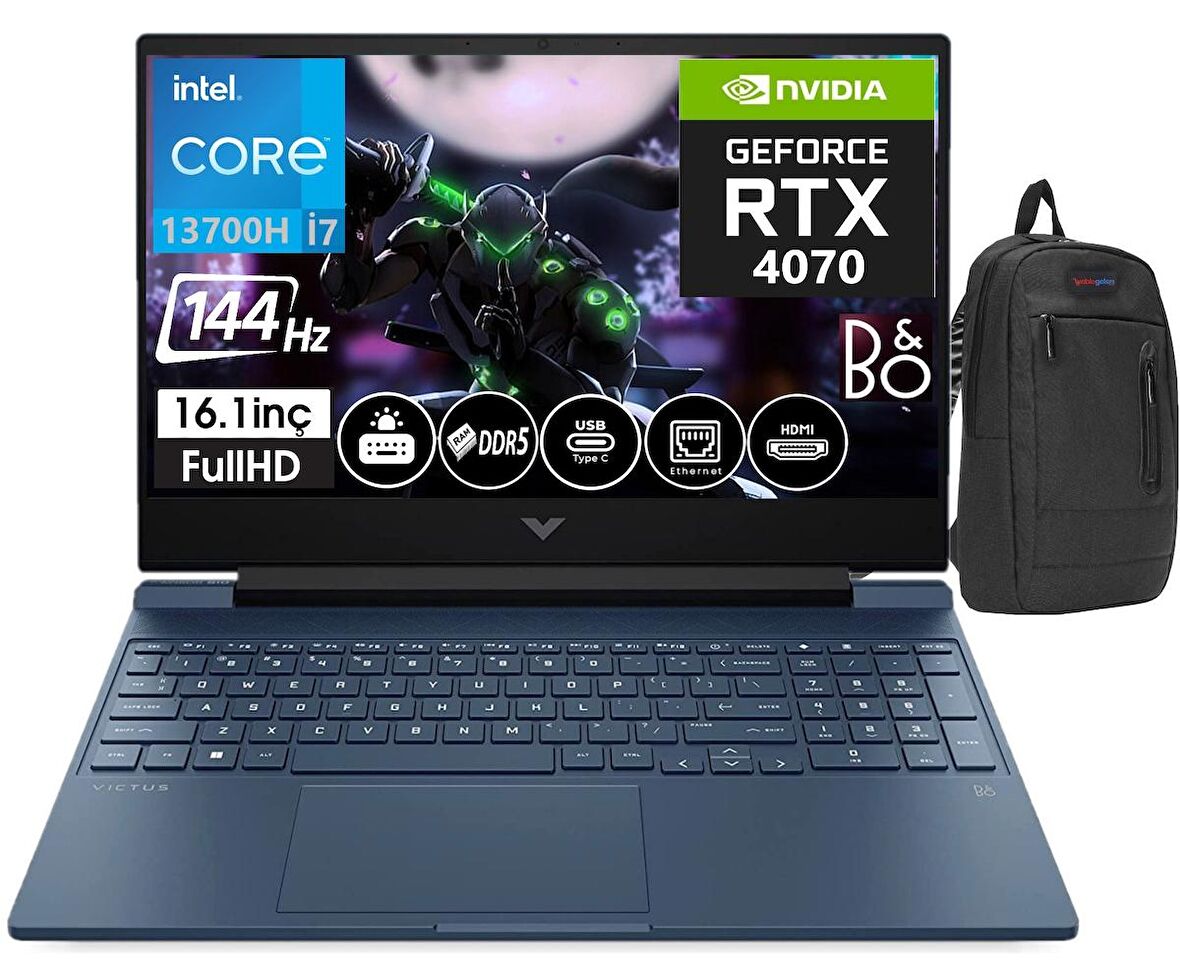 HP Victus 16-R0009NT İntel Core i7-13700H 32GB DDR5 Ram 2TB SSD 8GB RTX4070 16,1 İnç 144Hz IPS FHD Freedos Taşınabilir Bilgisayar 77P6K6EA06+ZettaÇanta