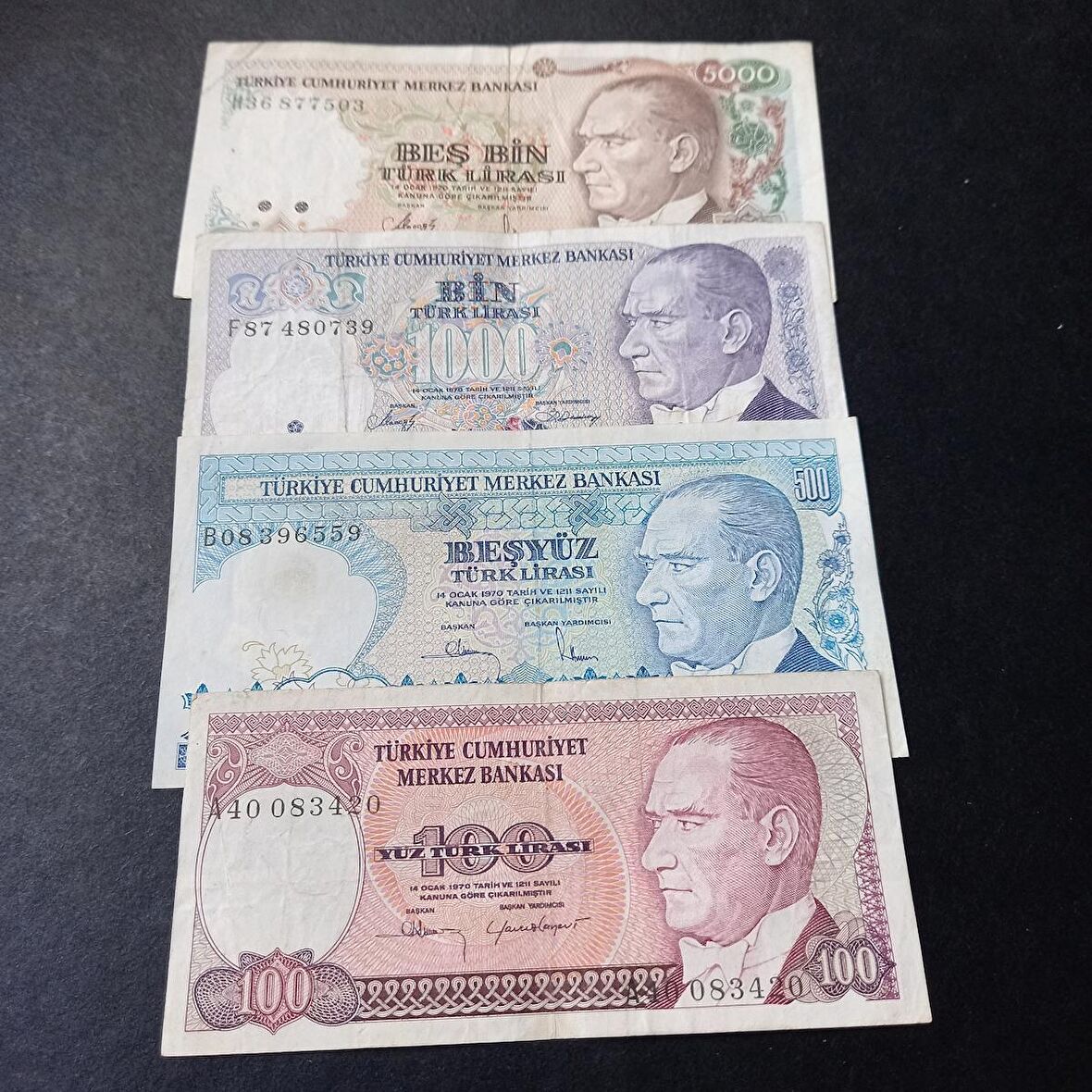 7.Emisyon 100/500/1000/5000 Türk Lirası ÇT/ÇT+ Eski Kağıt Para
