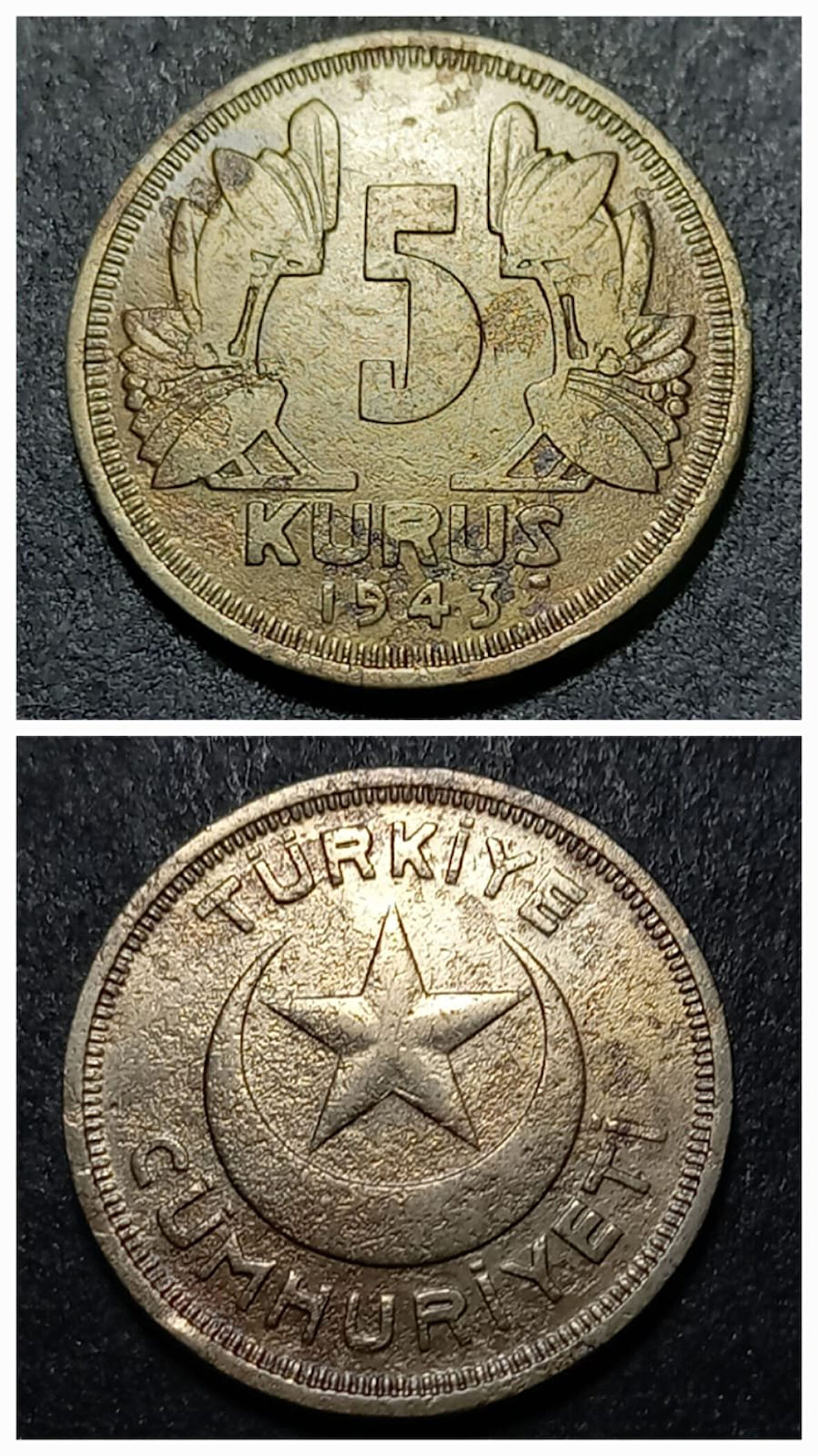 Escoines Koleksiyon 5 Kuruş 1943 TEMİZLENMİŞ eski madeni para (1943) - 3996366a056e81352f