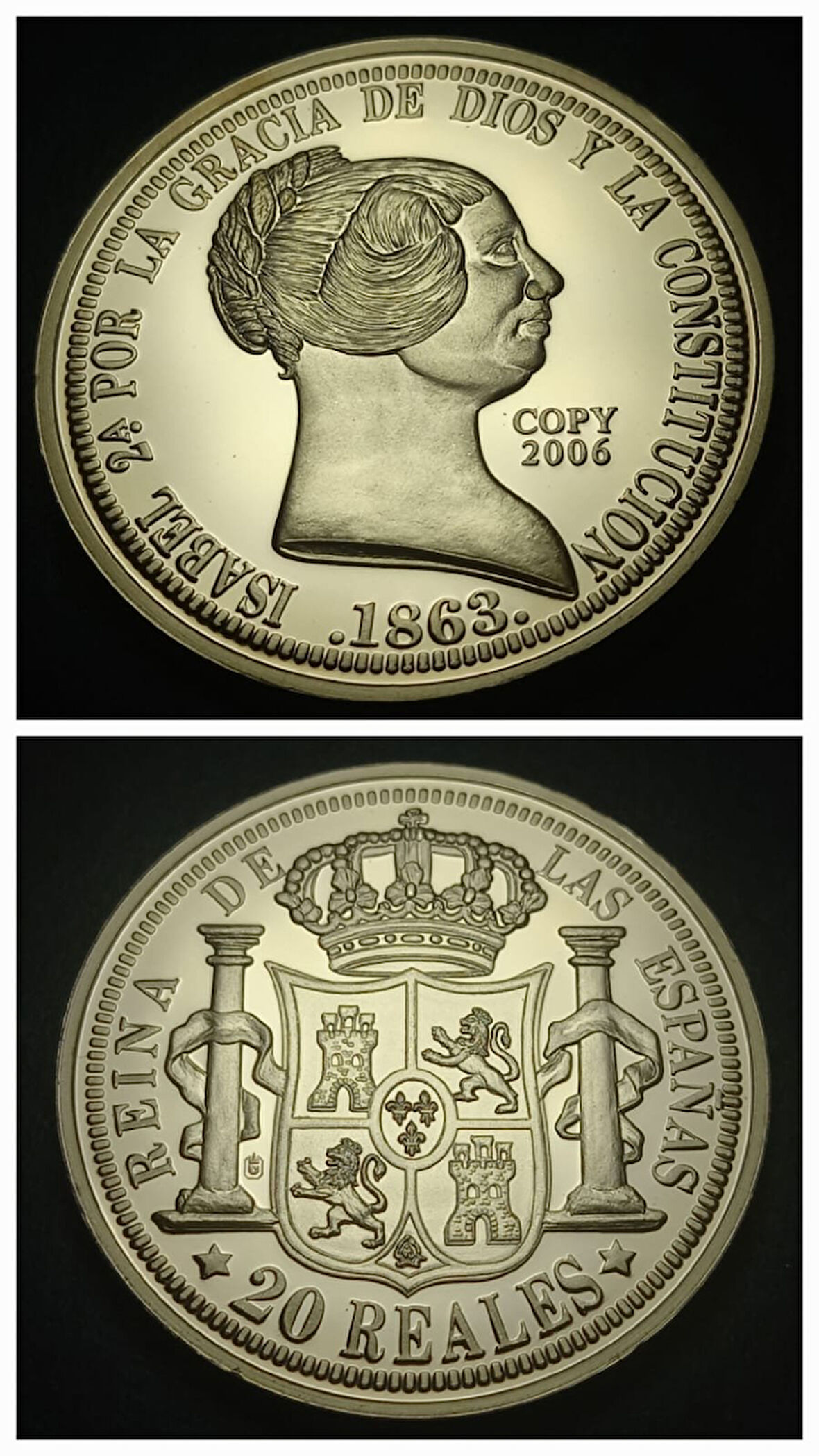 1863 REINA DE LAS ESPANAS 20 REALES İsabel Temalı Sertifikalı Altın Kaplama Hatıra Proof 32gram 40mm