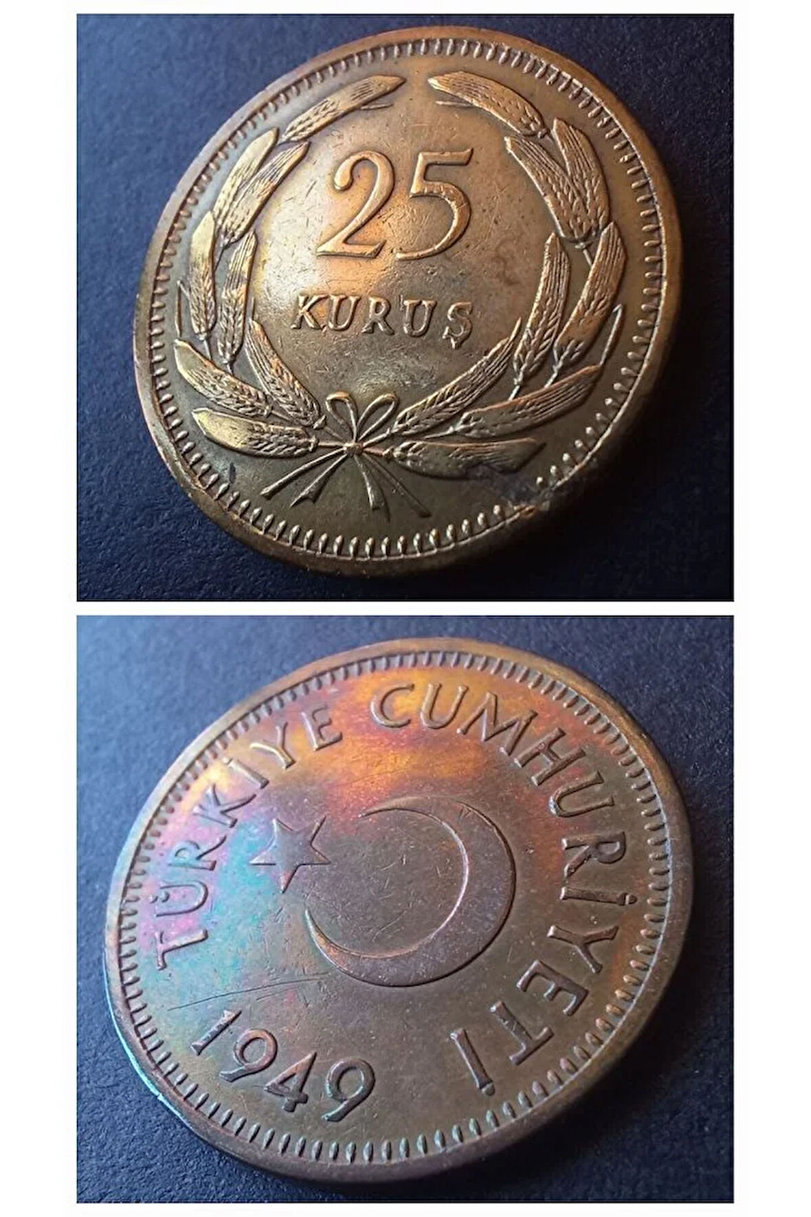 Escoines Koleksiyon 3996368f56d469828a 25 Kuruş 1949 ÇA/ÇİL Rainbow RRRR eski madeni para