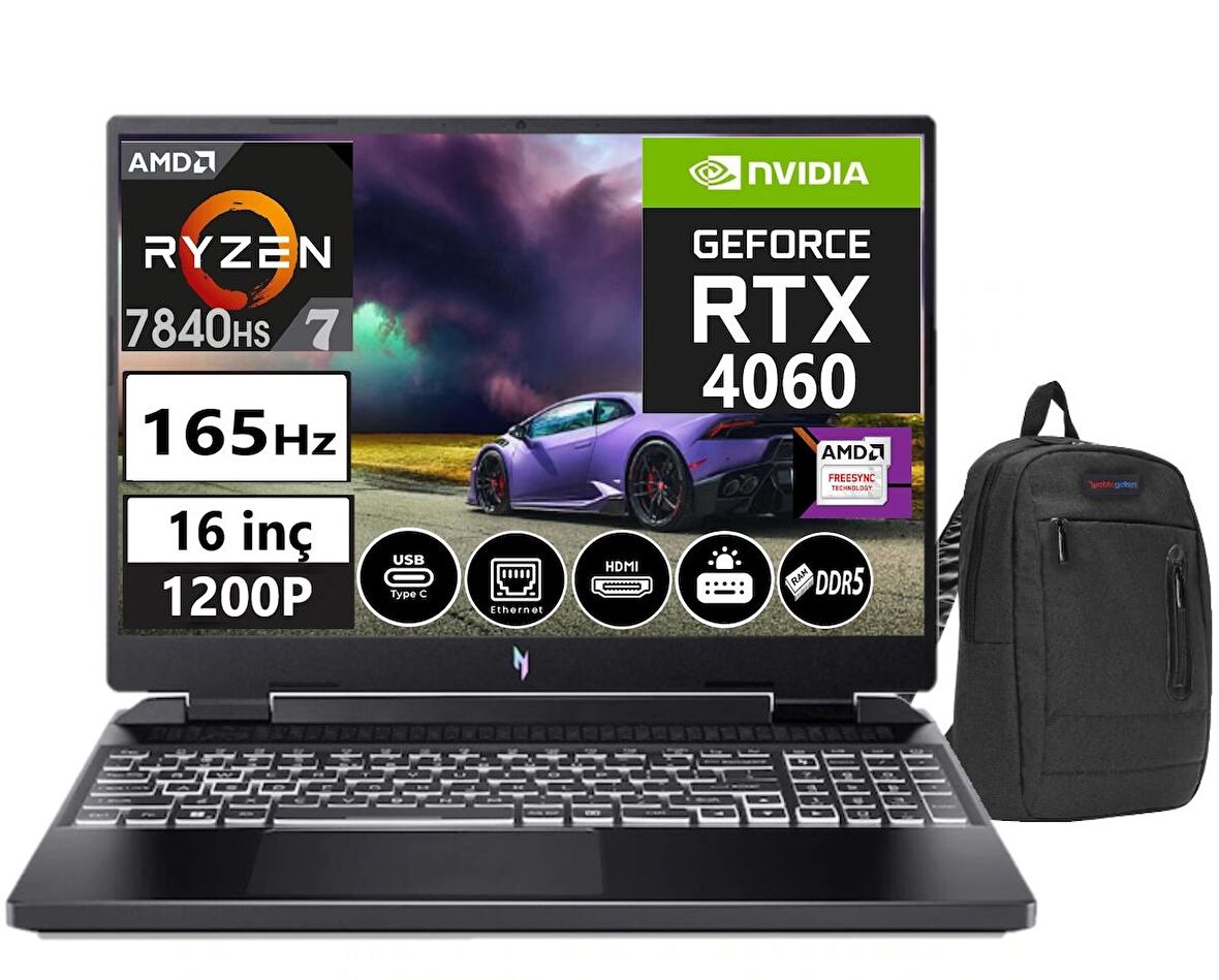 Acer Nitro 16 AN16-41 AMD Ryzen™ 7 7840HS 32gb DDR5 Ram 2tb SSD 8GB RTX4060 16 İnç 165Hz IPS FHD Windows11Home Taşınabilir Bilgisayar NHQLLEY00115+WeblegelsinÇanta