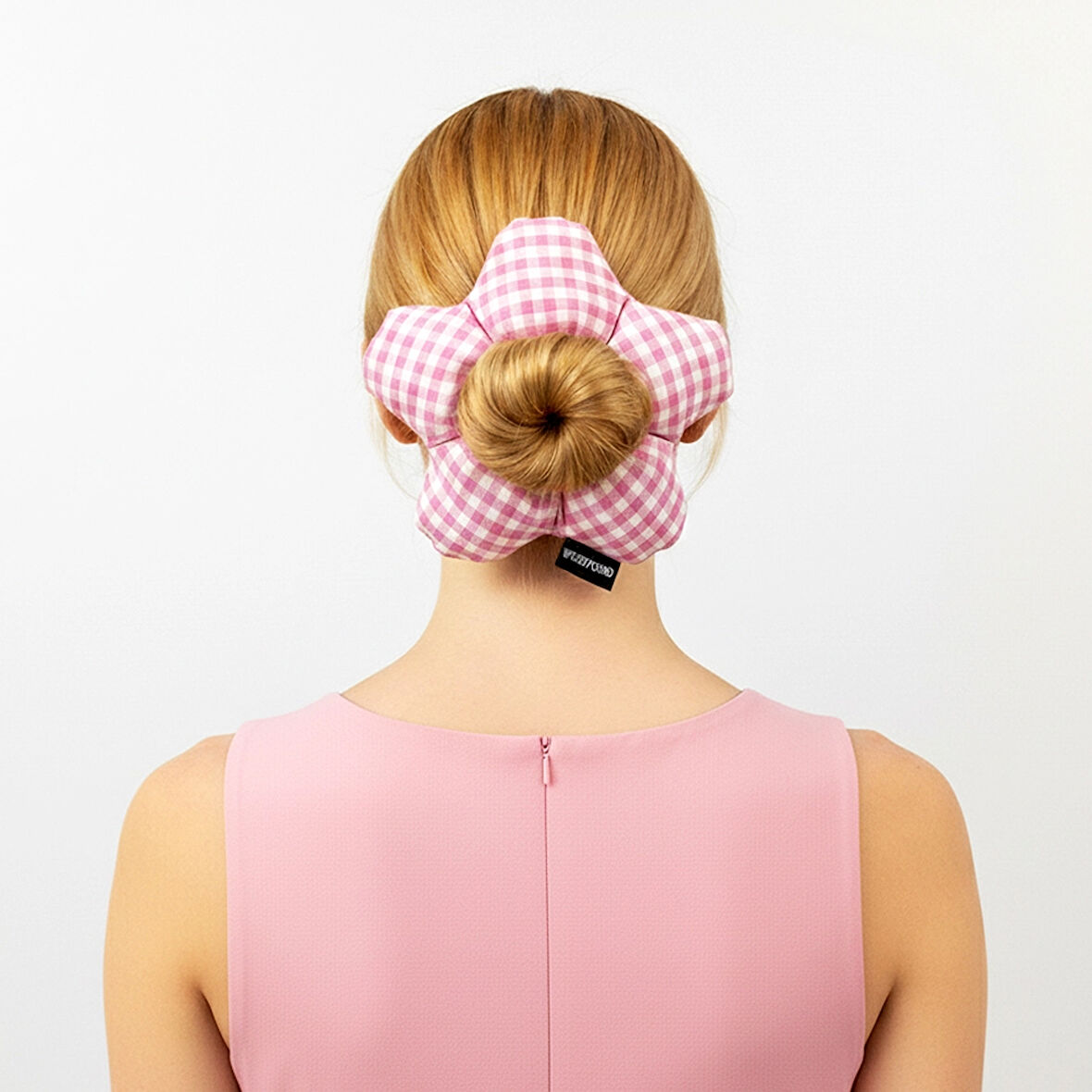 WoodyCord El Yapımı Pembe Beyaz Pötikareli Çiçek Scrunchie Topuz Tokası