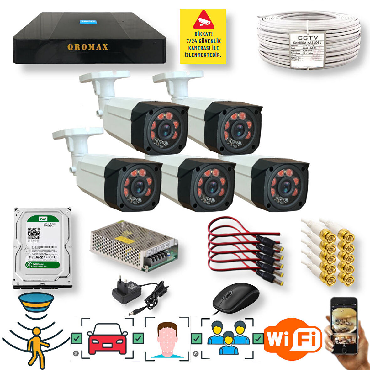 5 Kameralı Set - Araç İnsan Yüz Tanımalı Hareket Algilayan 1080P Gece Görüşlü 5MP Sony Lens Güvenlik Kamerasi Seti 7808