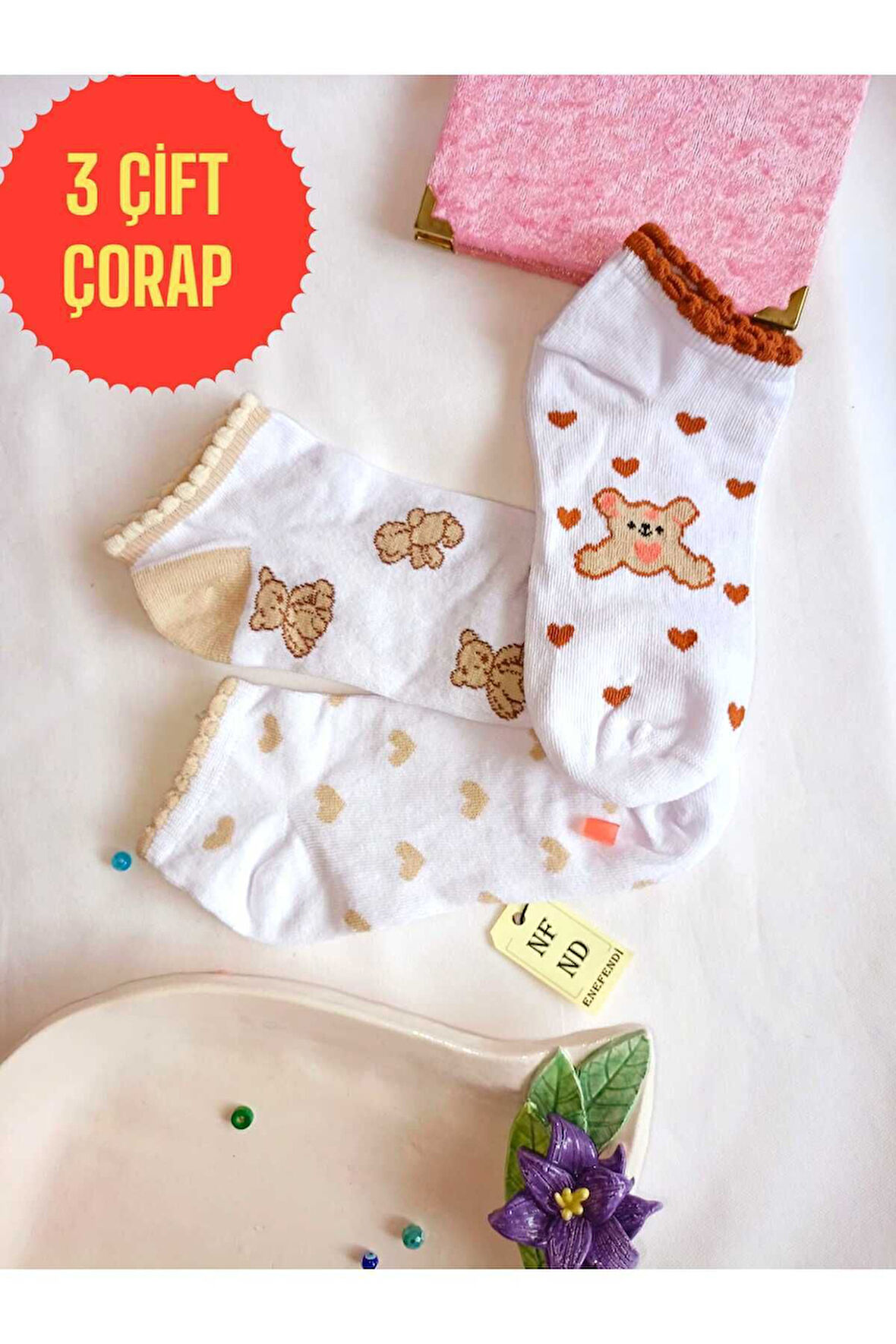 3 ÇİFT PATİK ÇORAP DİKİŞSİZ KADIN PAMUKLU KISA KONÇ DESENLİ ÇORABI 36-40 KAHVE BEYAZ