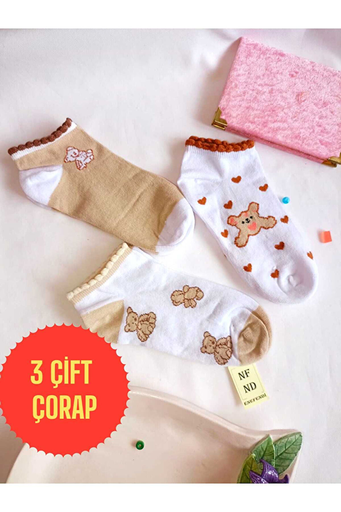 3 ÇİFT ÇORAP DİKİŞSİZ PATİK KADIN PAMUKLU KISA KONÇ DESENLİ ÇORABI 36-40 KAHVE BEYAZ