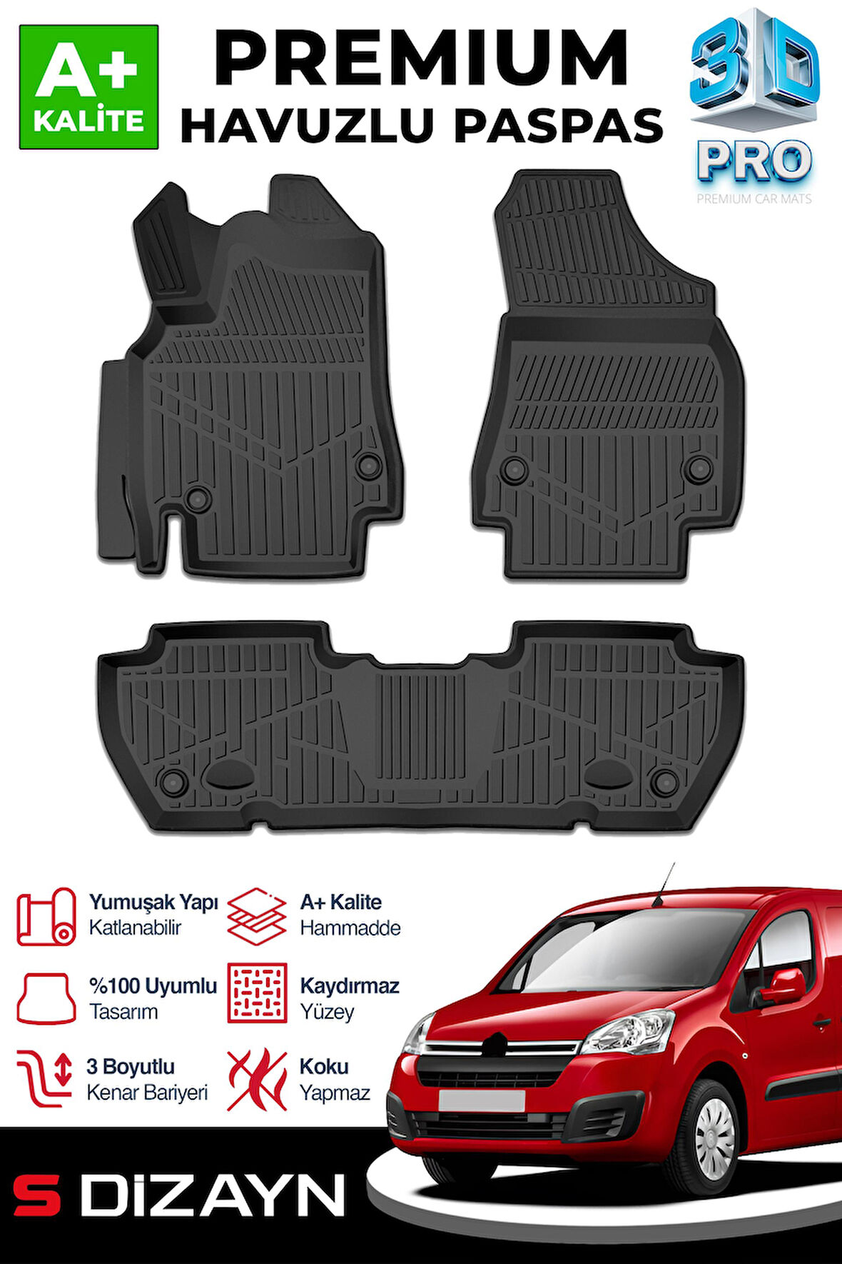 S-Dizayn Citroen Berlingo 3D Pro Havuzlu Paspas 2008-2018 Üzeri A+ Kalite