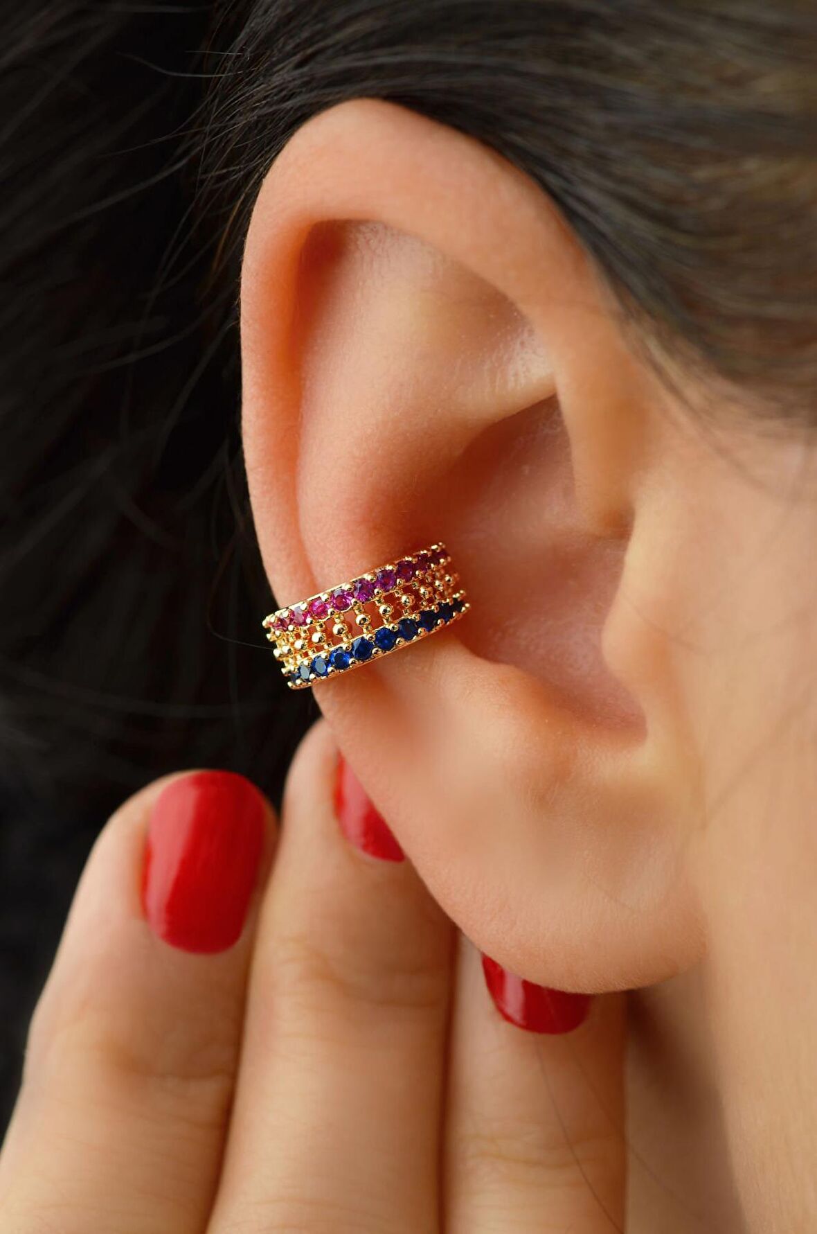 Renkli Taşlı Earcuff Sıkıştırmalı KIkırdak Küpesi