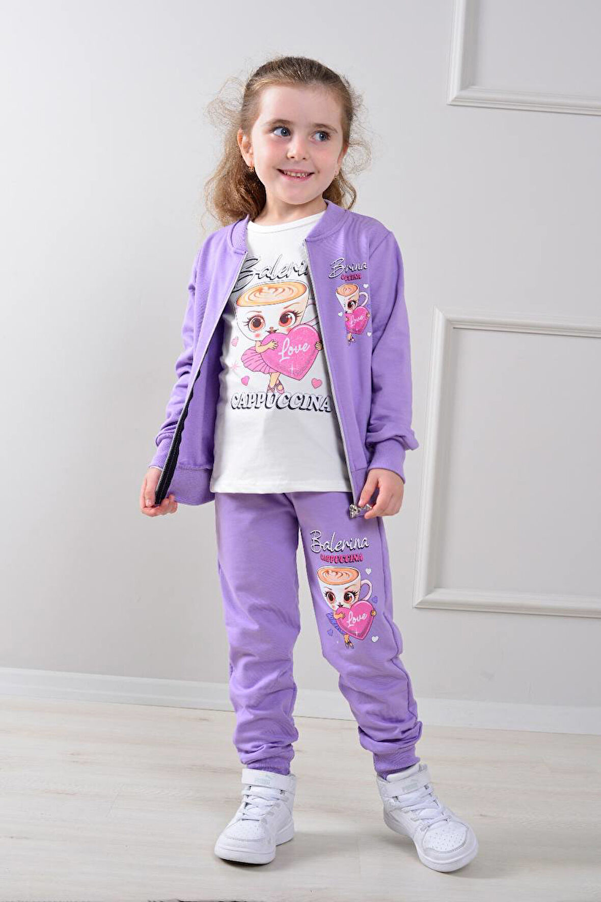 3HKT Balerina Capicino Desenli Hırkalı 2 İp Şardonlu %100 Pamuk 3 Parçalı Kız Çocuk Takım 8284