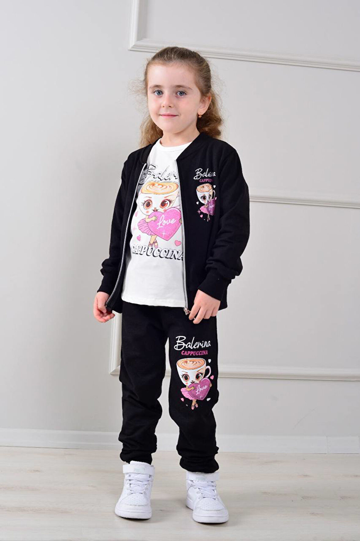 3HKT Balerina Capicino Desenli Hırkalı 2 İp Şardonlu %100 Pamuk 3 Parçalı Kız Çocuk Takım 8284