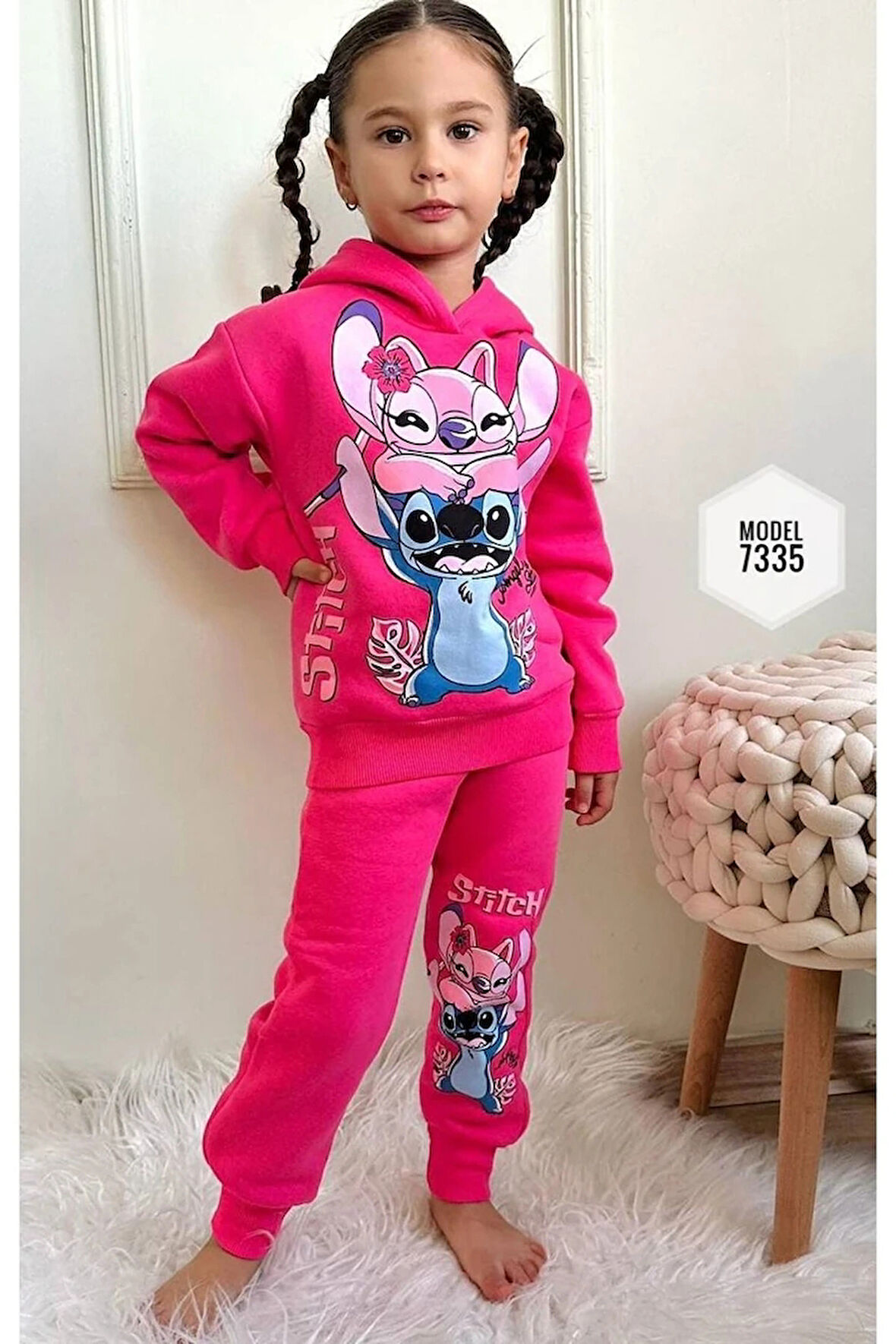 PJK3İ Stitch Desenli Fuşya 3 İp Şardonlu Kapşonlu %100 Pamuk Kız Çocuk Eşofman Takımı 3-10 Yaş 7335-F