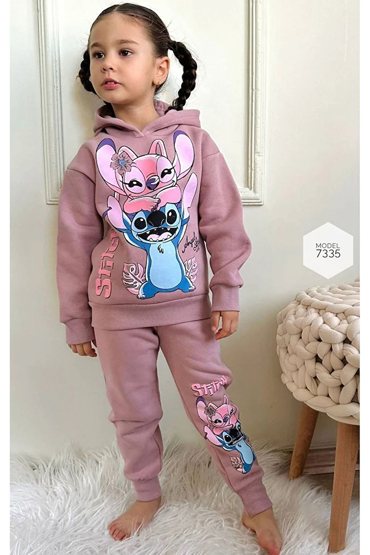 PJK3İ Stitch Desenli Gül Kurusu 3 İp Şardonlu Kapşonlu %100 Pamuk Kız Çocuk Eşofman Takımı 3-10 Yaş 7335-GK