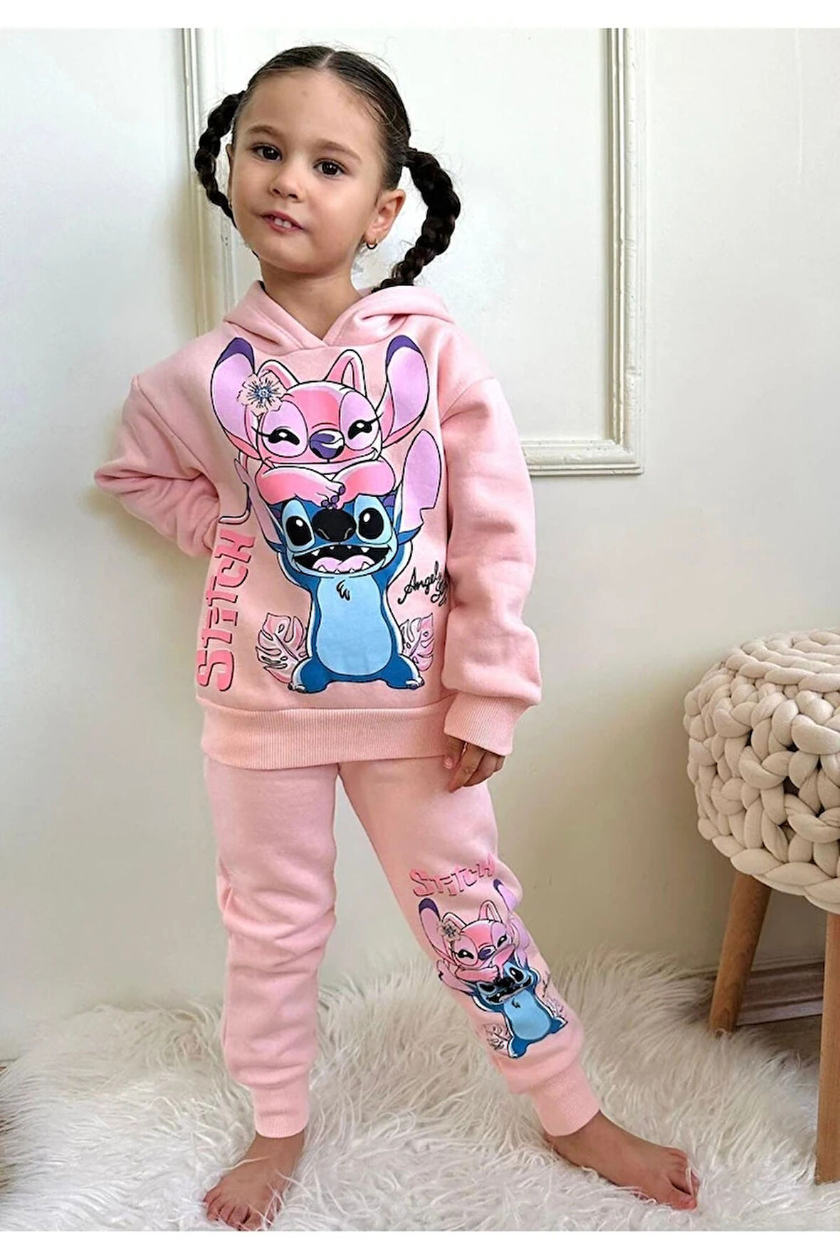 PJK3İ Stitch Desenli Somon 3 İp Şardonlu Kapşonlu %100 Pamuk Kız Çocuk Eşofman Takımı 3-10 Yaş 7335-S