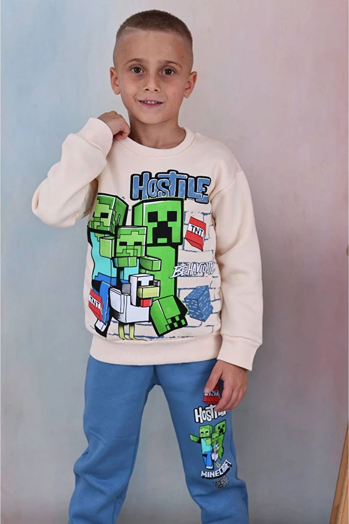 PJK3İ Minecraft Desenli Mavi 3 İp Şardonlu %100 Pamuk Erkek Çocuk Eşofman Takımı 3-10 Yaş 7356-M