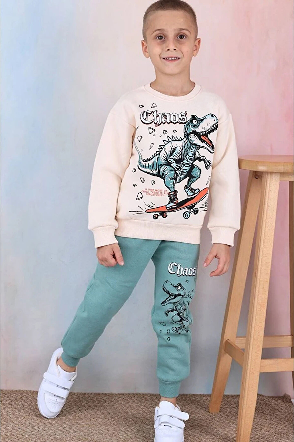 PJK3İ Dinazor Desenli Yeşil 3 İp Şardonlu %100 Pamuk Erkek Çocuk Eşofman Takımı 3-10 Yaş 7358-Y