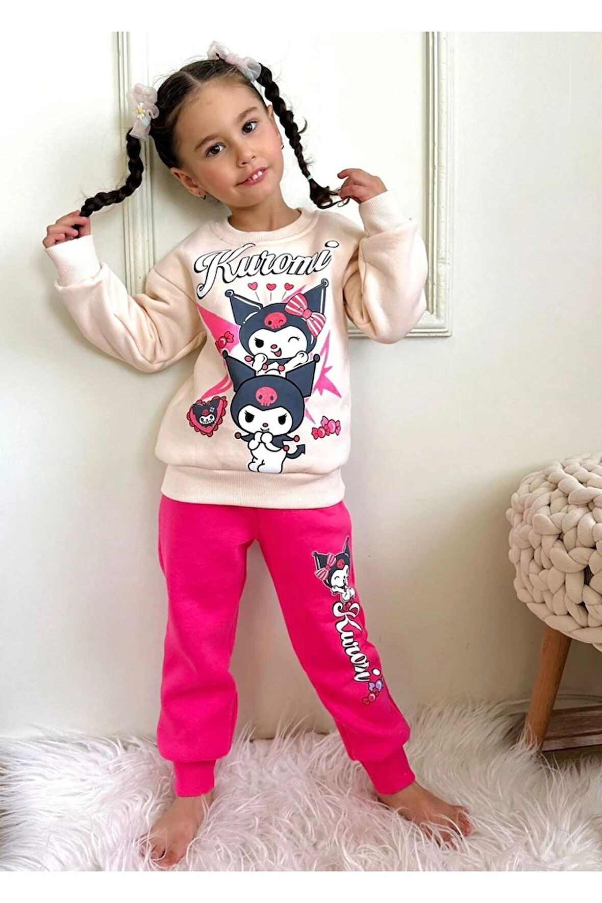 PJK3İ Kuromi Desenli Fuşya 3 İp Şardonlu %100 Pamuk Kız Çocuk Eşofman Takımı 3-10 Yaş 7777-F