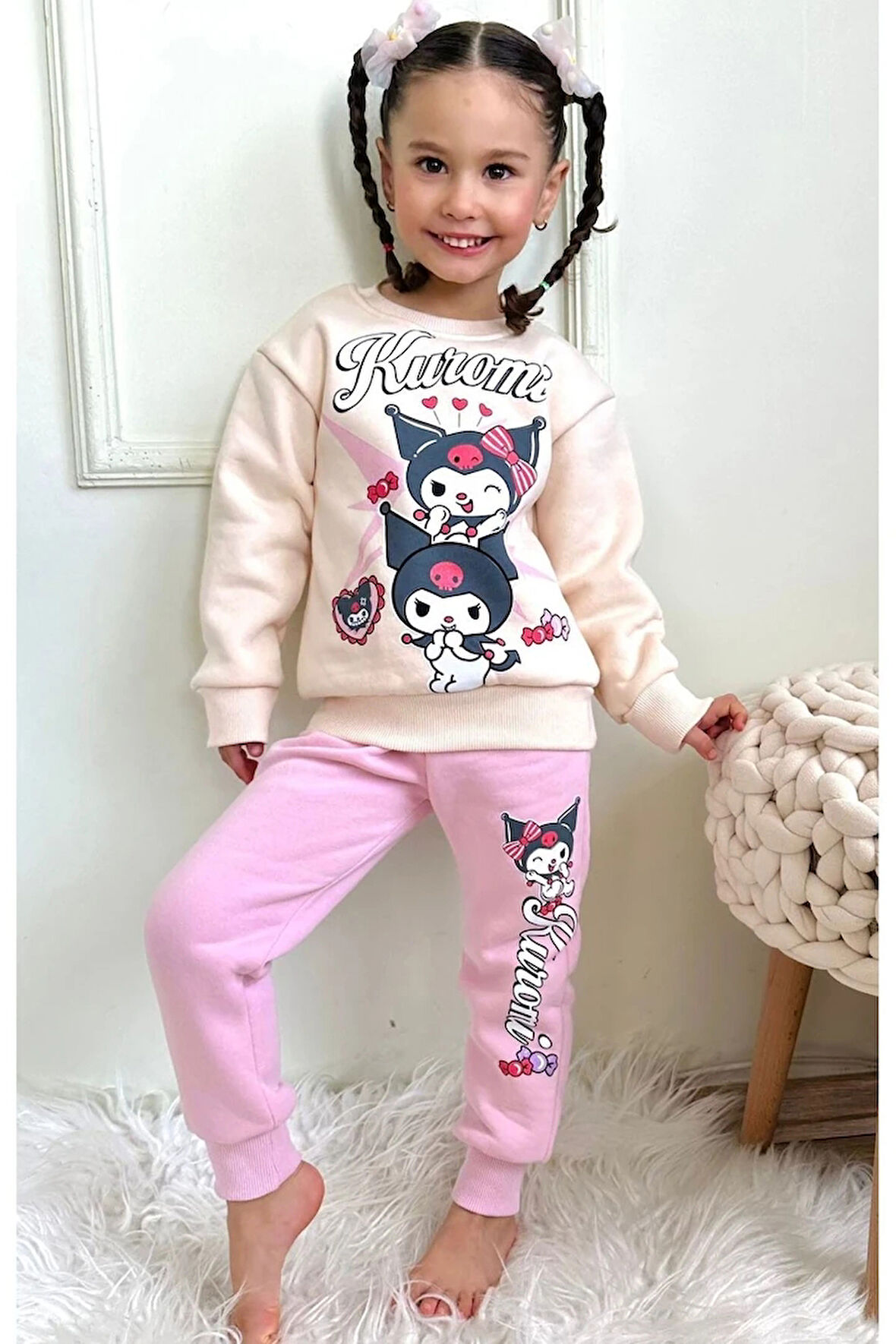 PJK3İ Kuromi Desenli Pembe 3 İp Şardonlu %100 Pamuk Kız Çocuk Eşofman Takımı 3-10 Yaş 7777-P